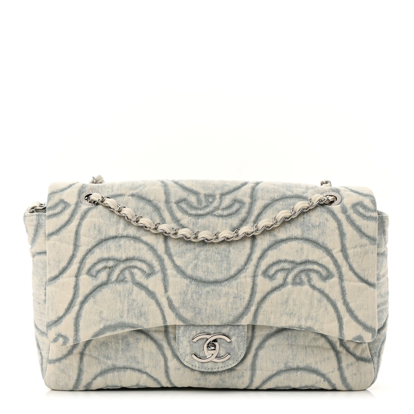 Denim Embossed CC Logo Print Jumbo Single Flap Blue
