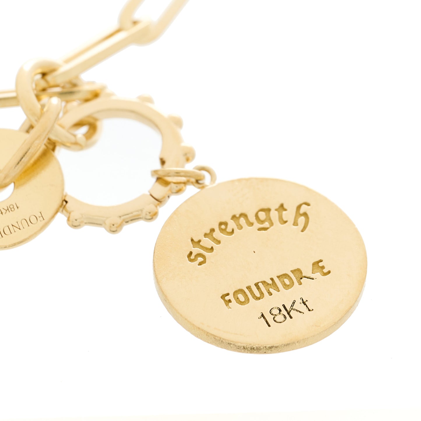 18K Yellow Gold Diamond Enamel Strength Medallion Link Bracelet Red