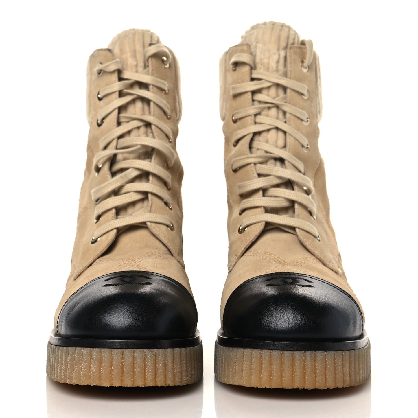 Suede Calfskin Velvet Quilted CC Combat Boots 41 Beige Black
