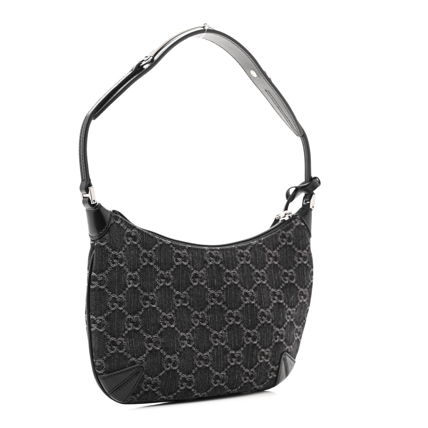 Jacquard Black Denim GG Monogram Horsebit Slim Small Shoulder Bag Black Grey