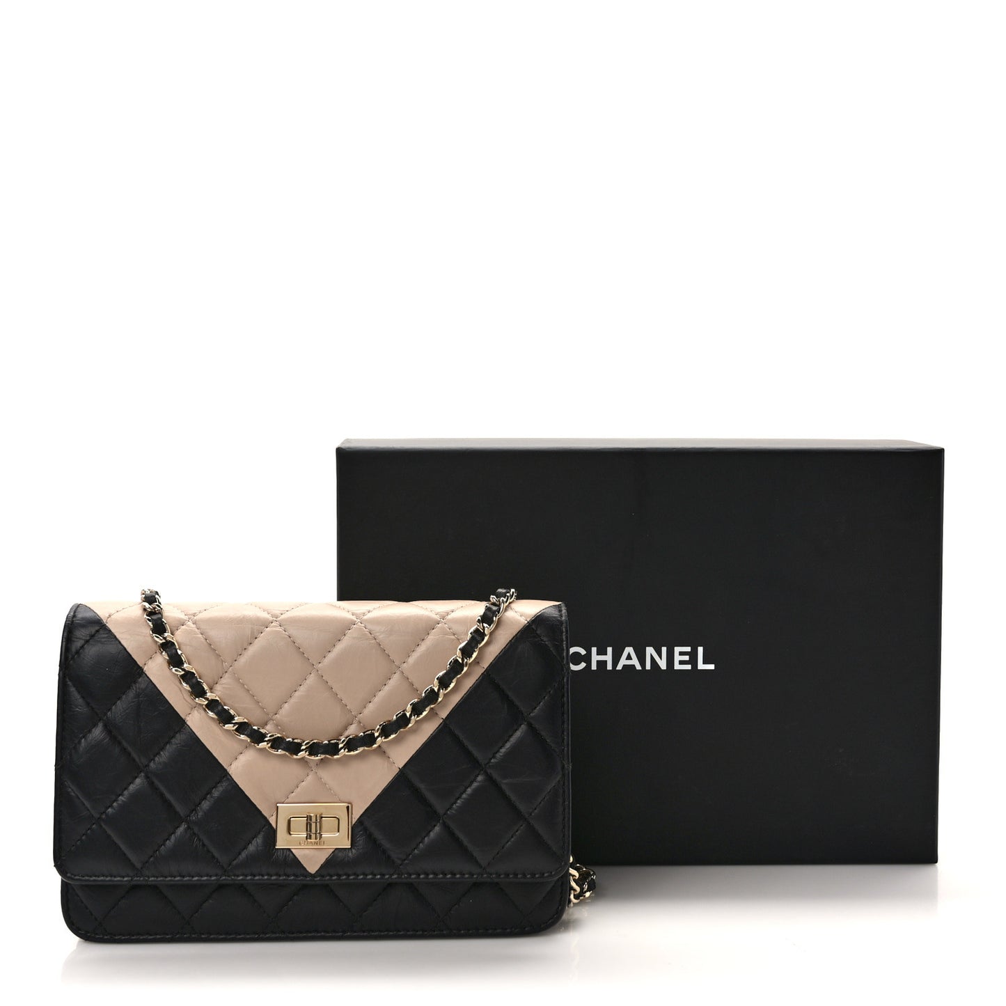 Aged Calfskin Quilted Reissue Wallet On Chain WOC Beige Black