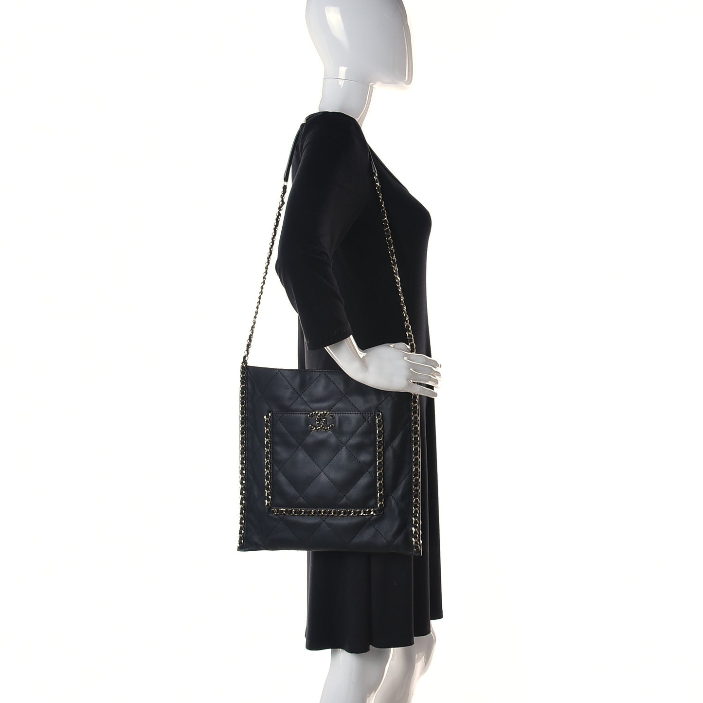 Calfskin Quilted Chain Flat Tote Black