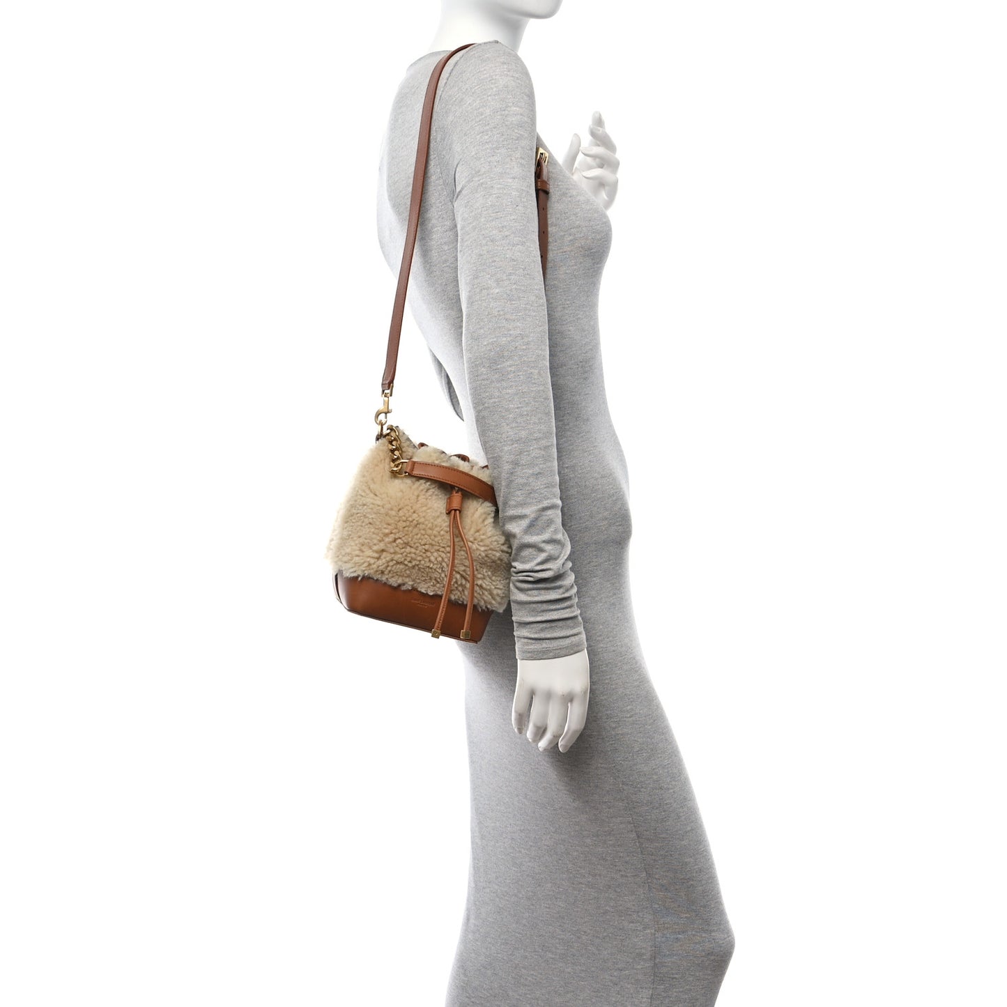 Shearling Calfskin Small Emmanuelle Bucket Bag Natural Beige Brick
