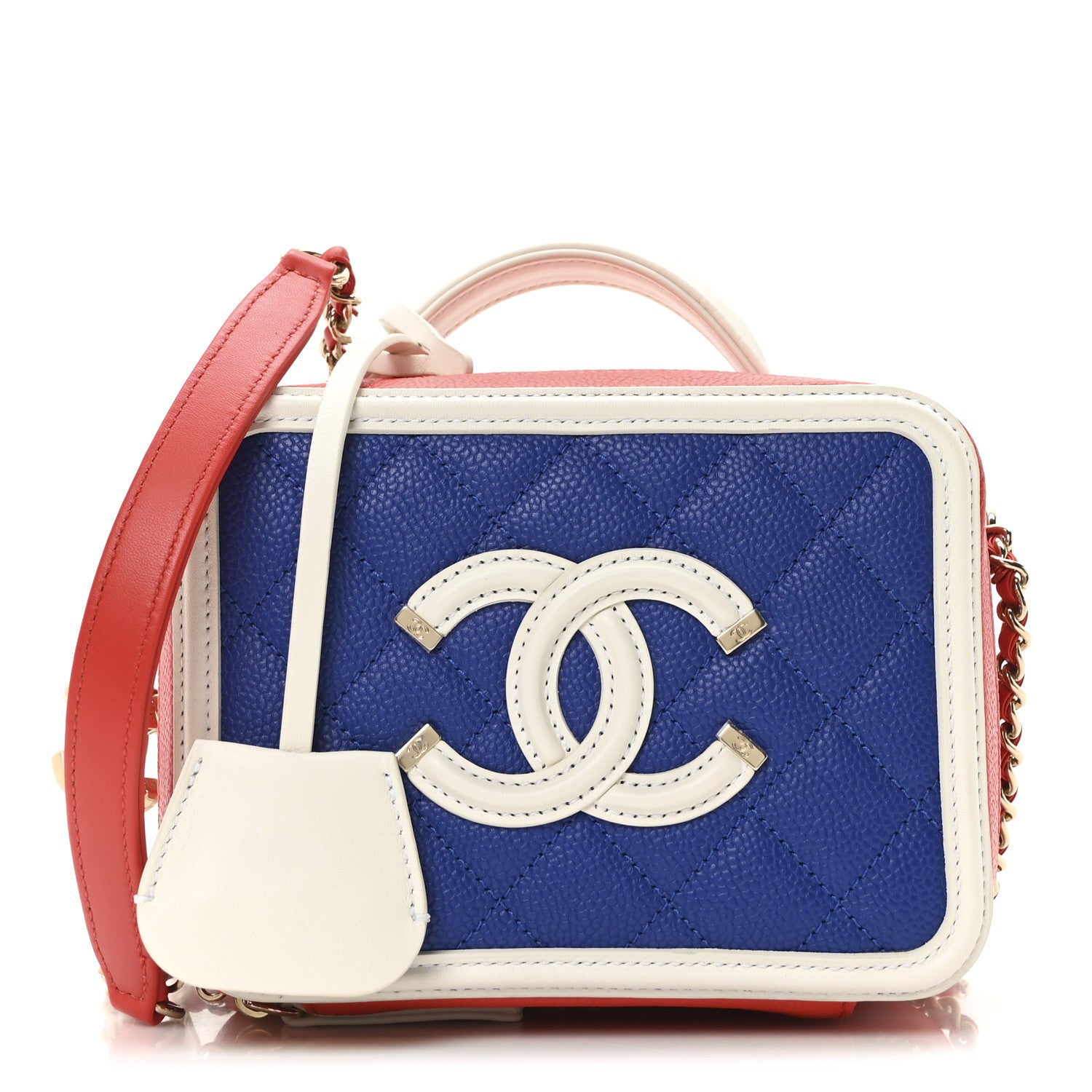 Chanel Caviar Quilted Small CC Filigree Vanity Case Blue White Red 1 of 11