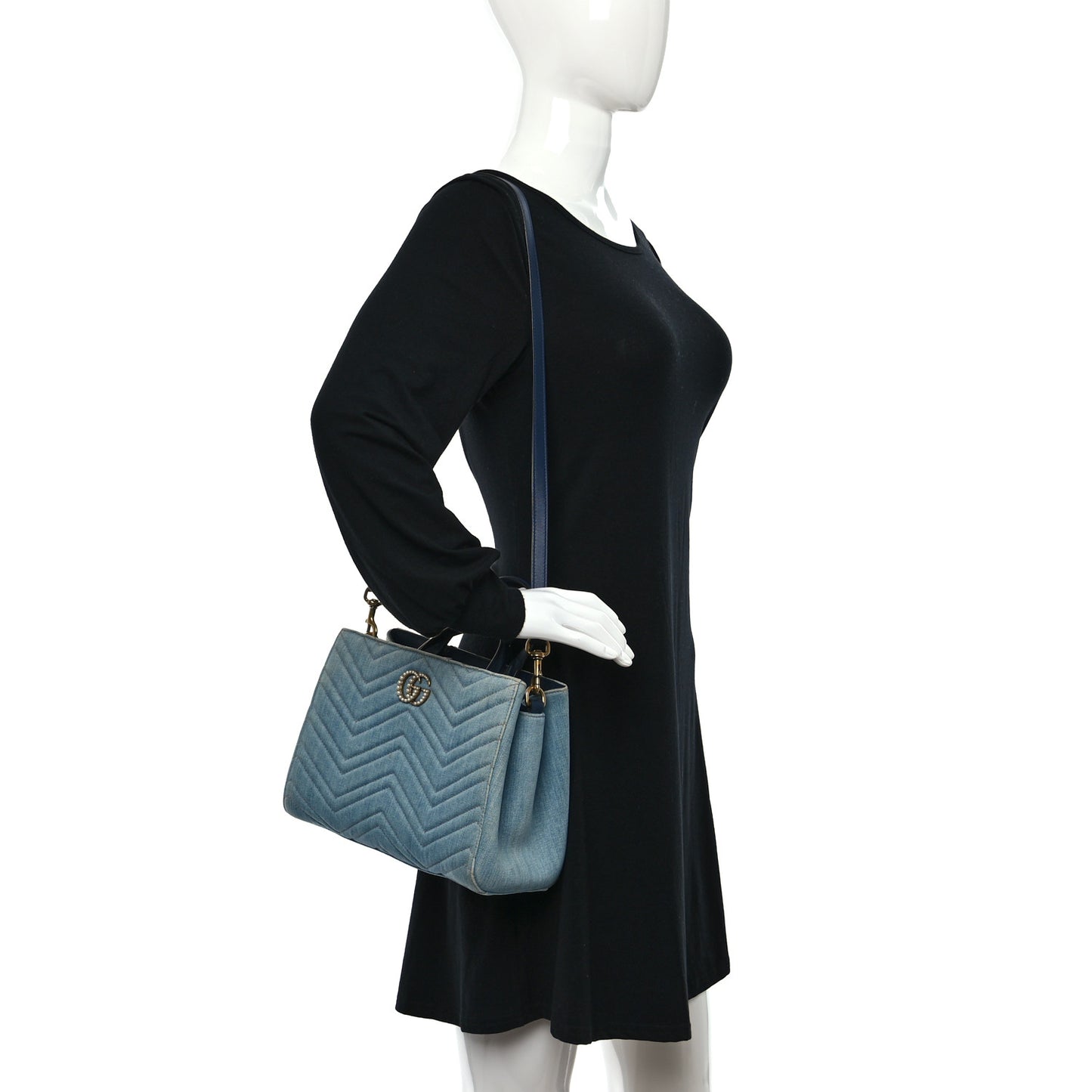 Denim Matelasse Small Pearly GG Marmont Tote Blue