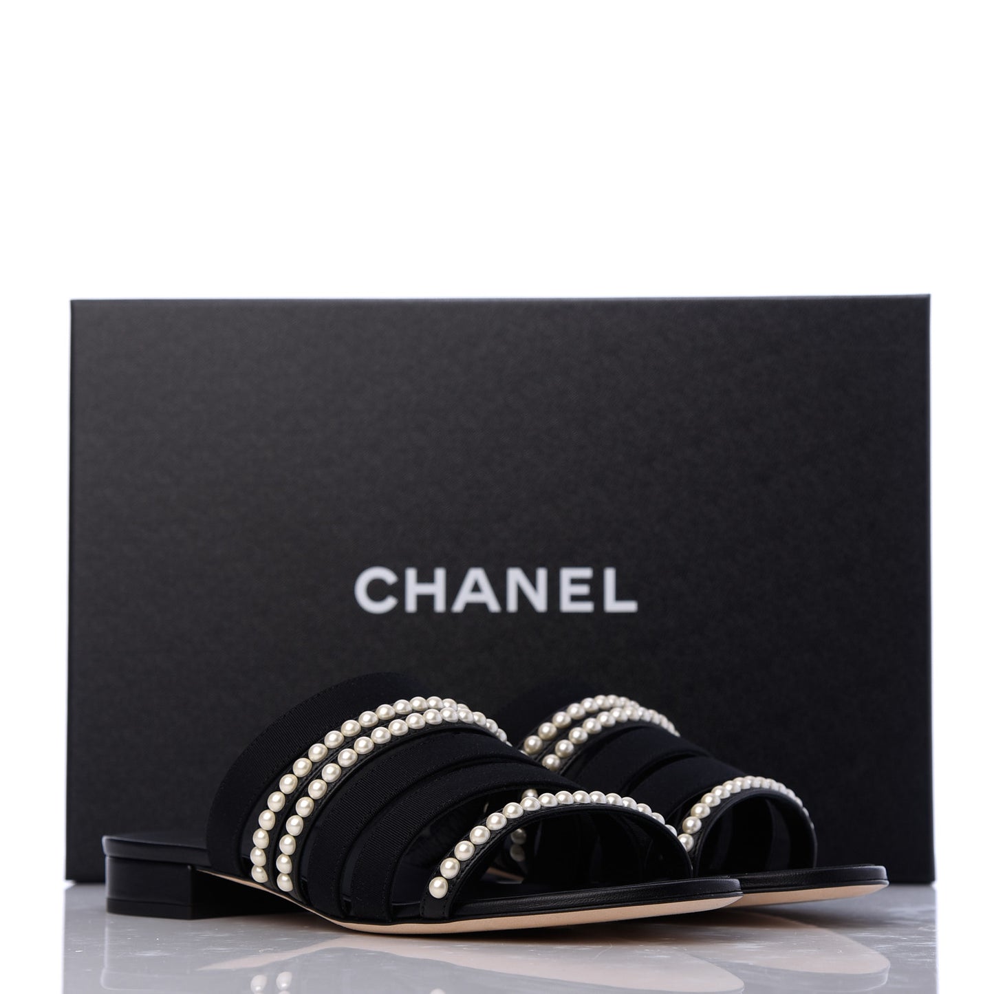 Patent Grosgrain CC Pearl Mules 37 Black