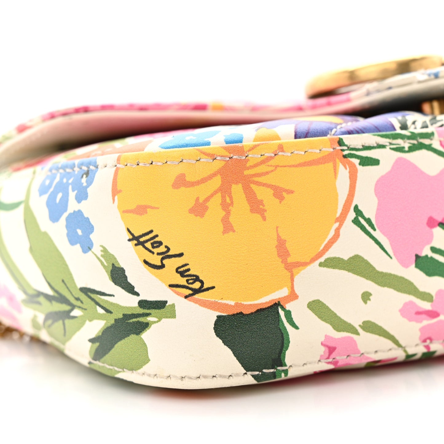 X KEN SCOTT Calfskin Matelasse Floral Print Super Mini GG Marmont Shoulder Bag Ivory Pink