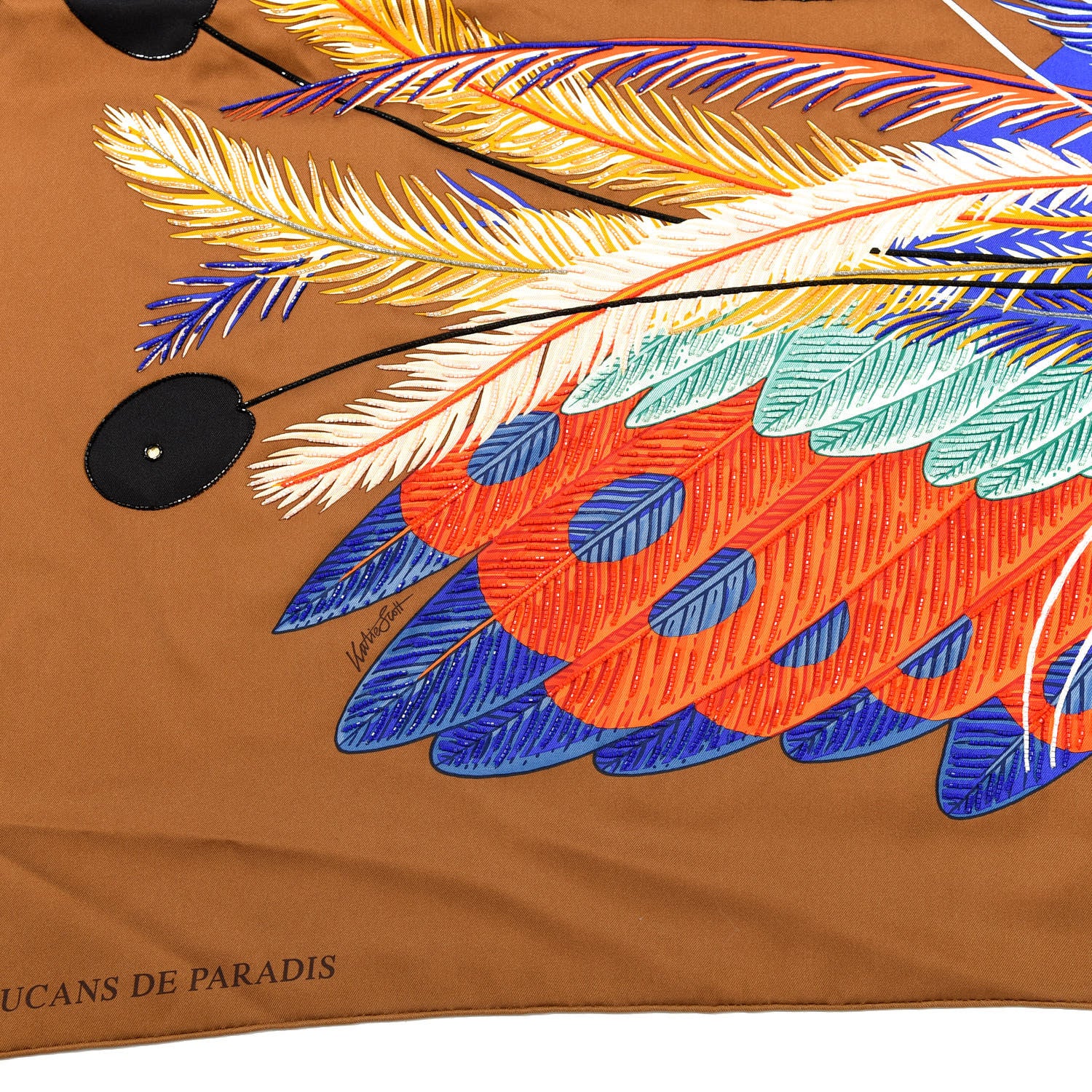 Hermes Silk Embroidered Giant Toucans De Paradis Scarf 140 Tabac Bleu Jaune 5 of 6