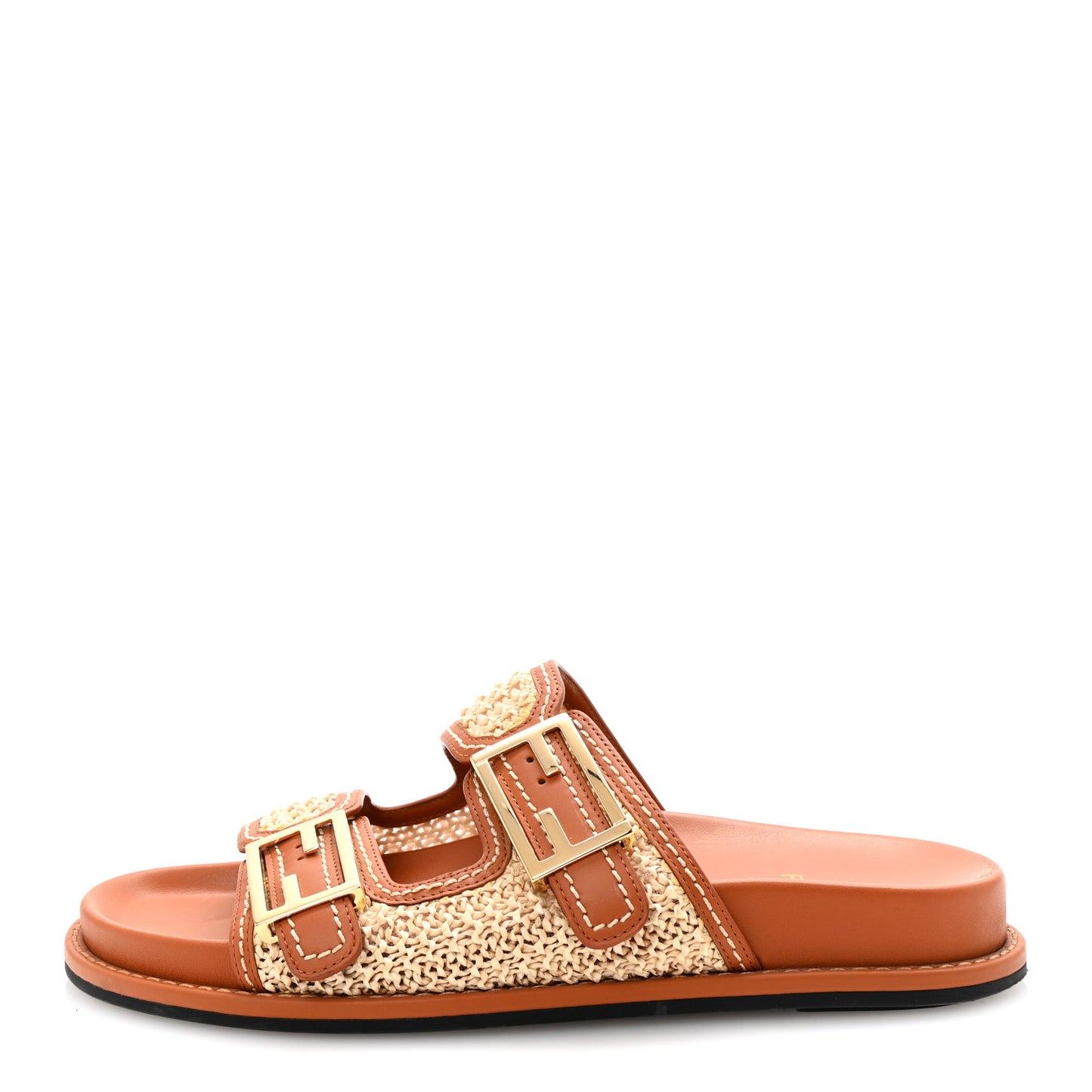 Raffia Vitello Womens Fendi Feel Buckled Slide Sandals 39 Paglia Brandy