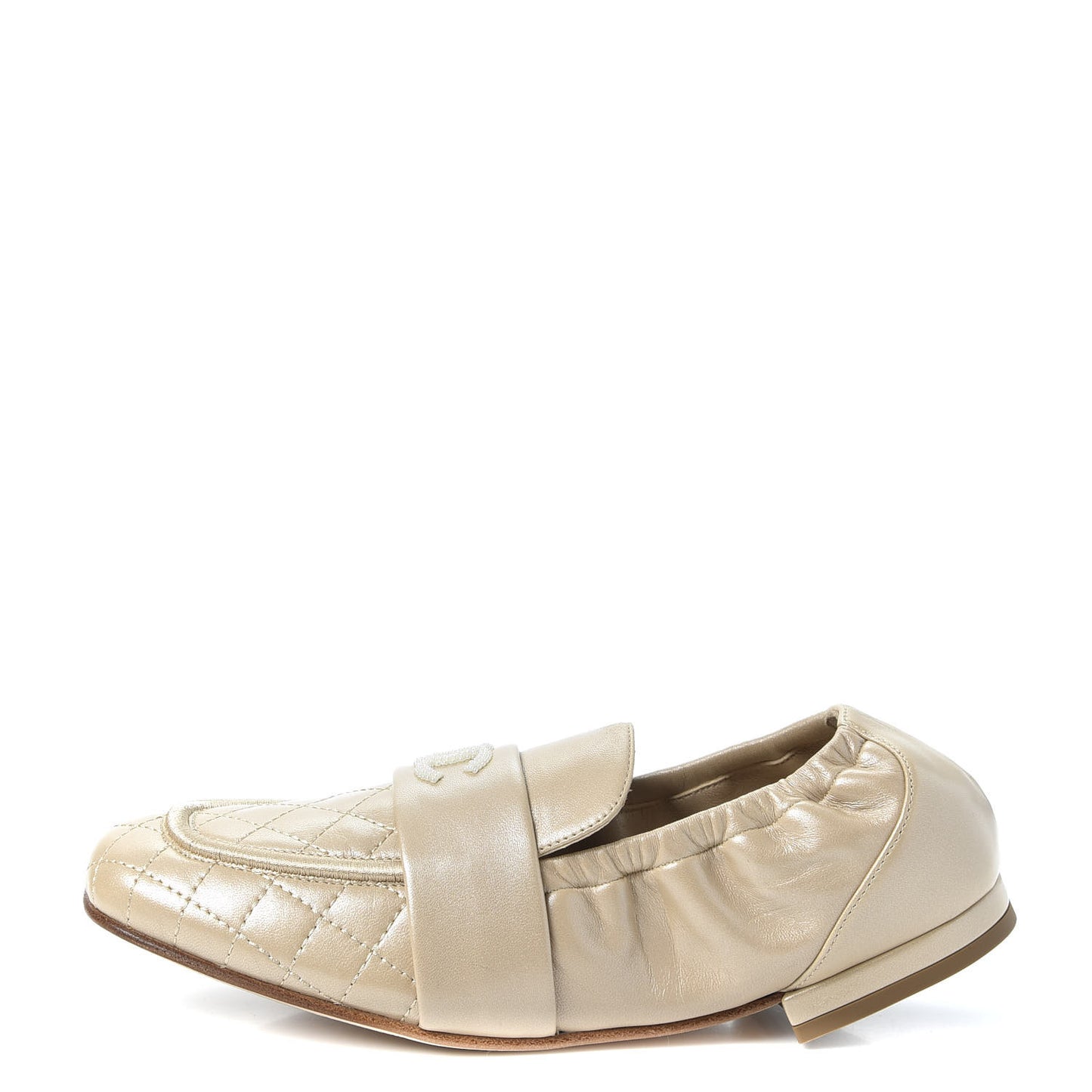 Laminated Lambskin Womens Quilted Elastic CC Moccasin Loafers 36.5 Beige
