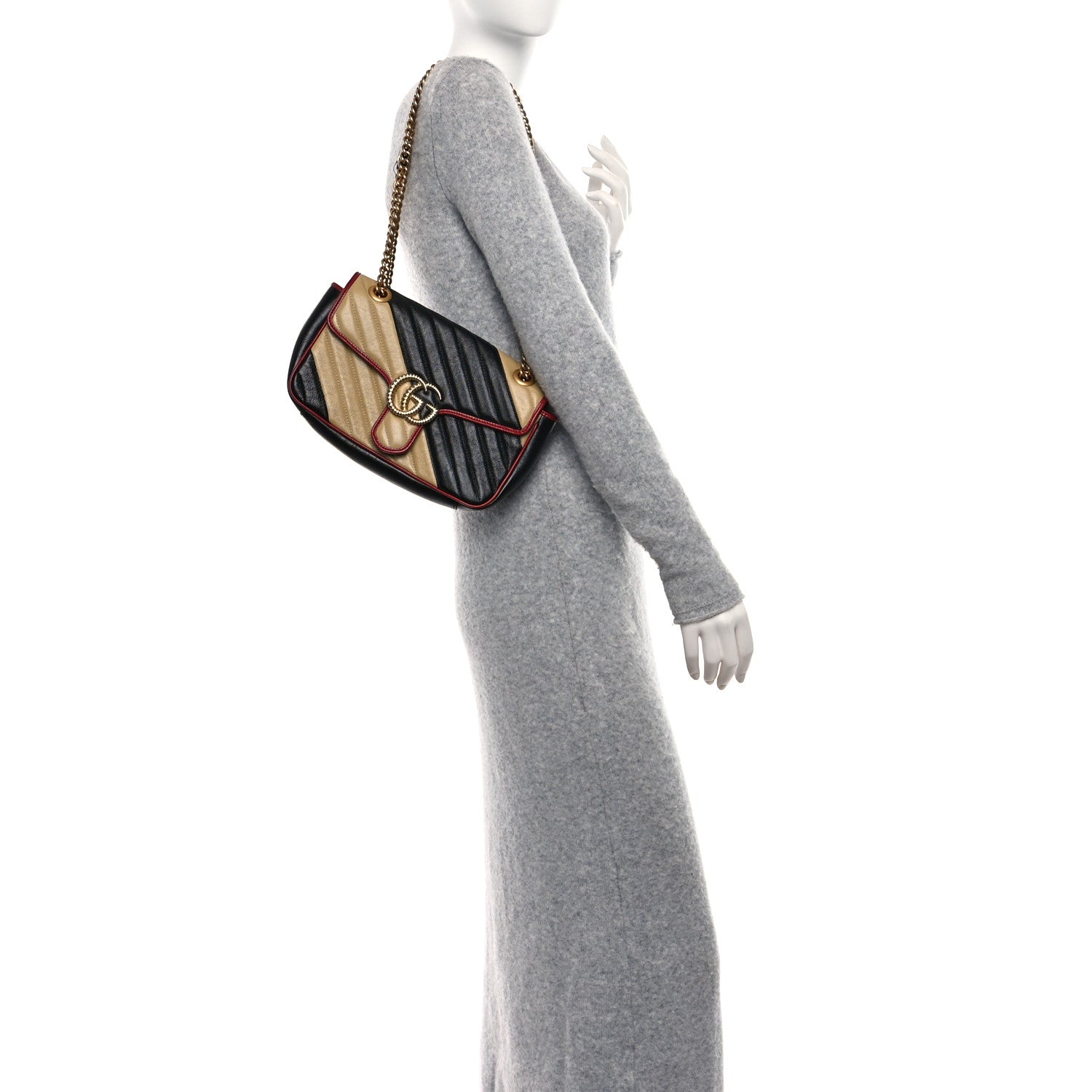 Gucci Vintage Effect Calfskin Matelasse Diagonal Striped Small Torchon GG Marmont Shoulder Bag Black Beige 2 of 10