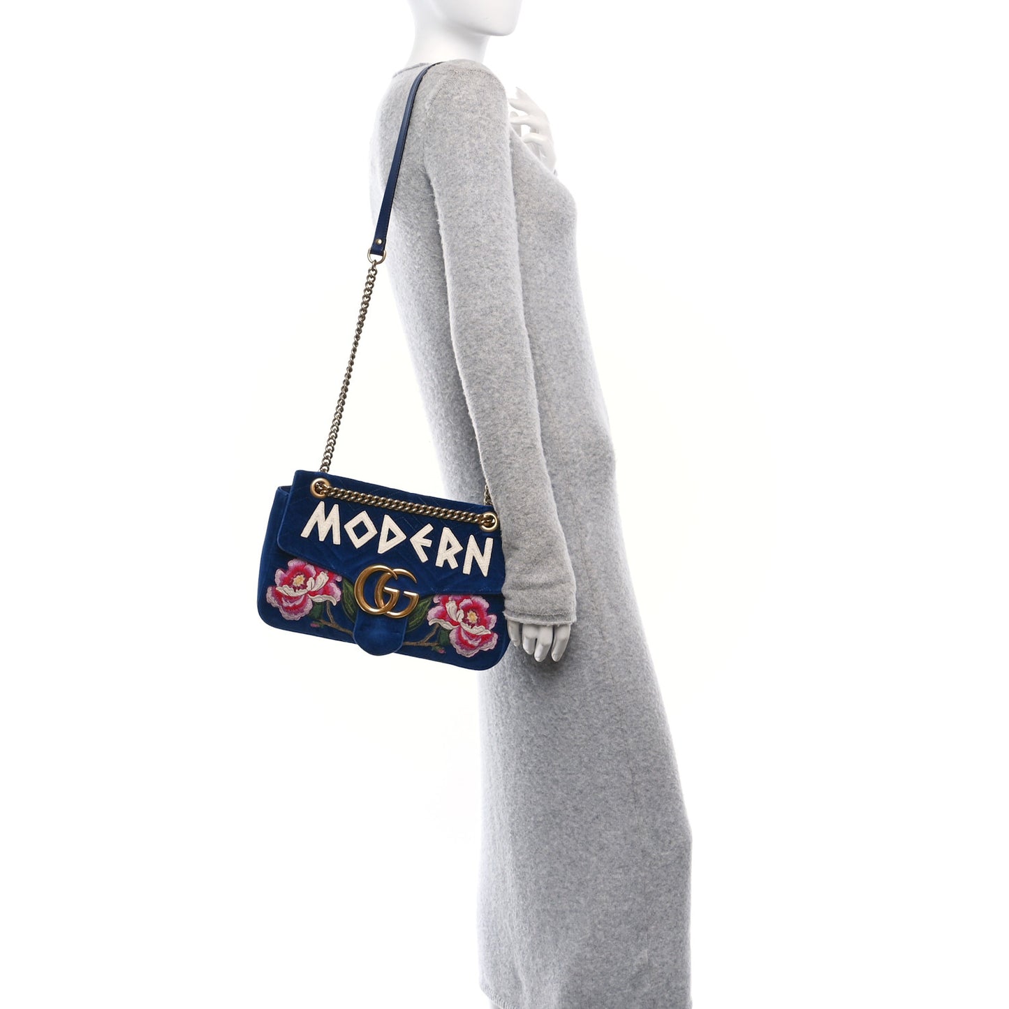 Velvet Matelasse Modern Embroidered Medium GG Marmont Shoulder Bag Cobalt