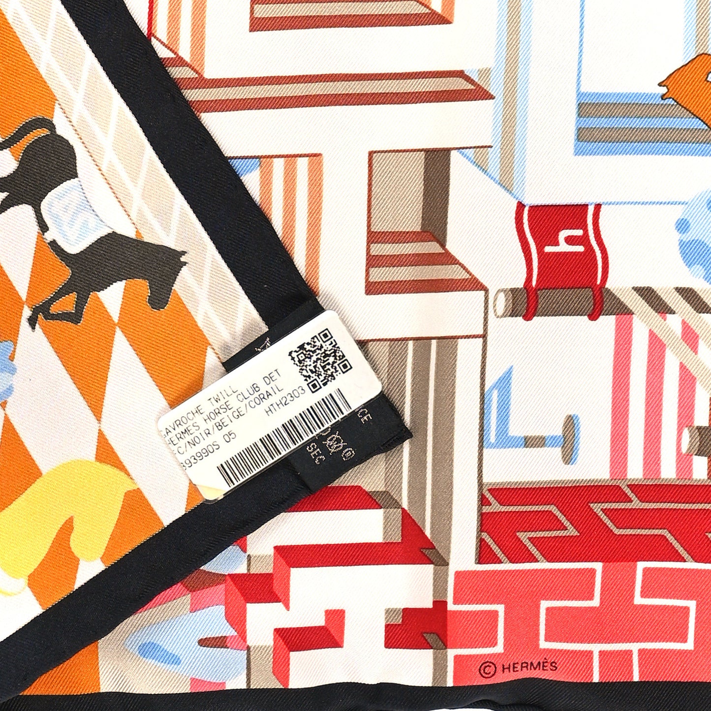 Silk Gavroche Hermes Horse Club Scarf 45 Black Beige Corail