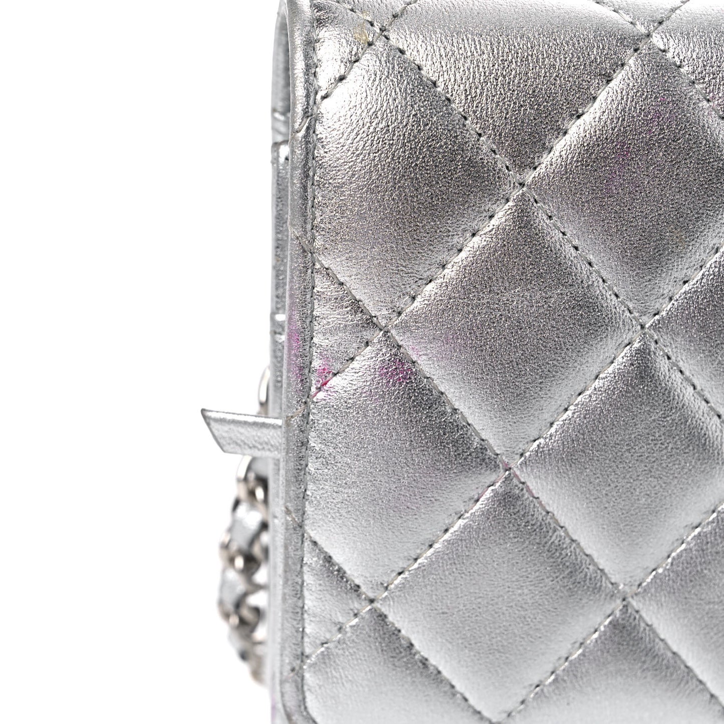 Metallic Lambskin Quilted Wallet On Chain WOC Silver