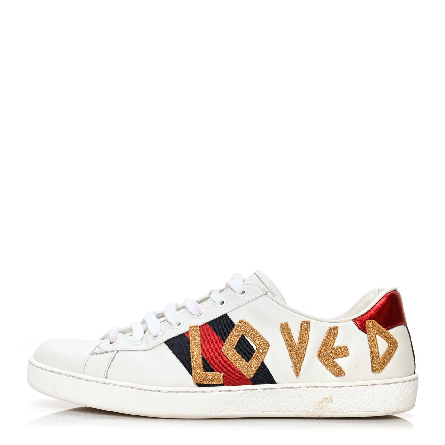 Calfskin Nappa Web LOVED Embroidered Mens Ace Sneakers 9 White Red Flame Notte