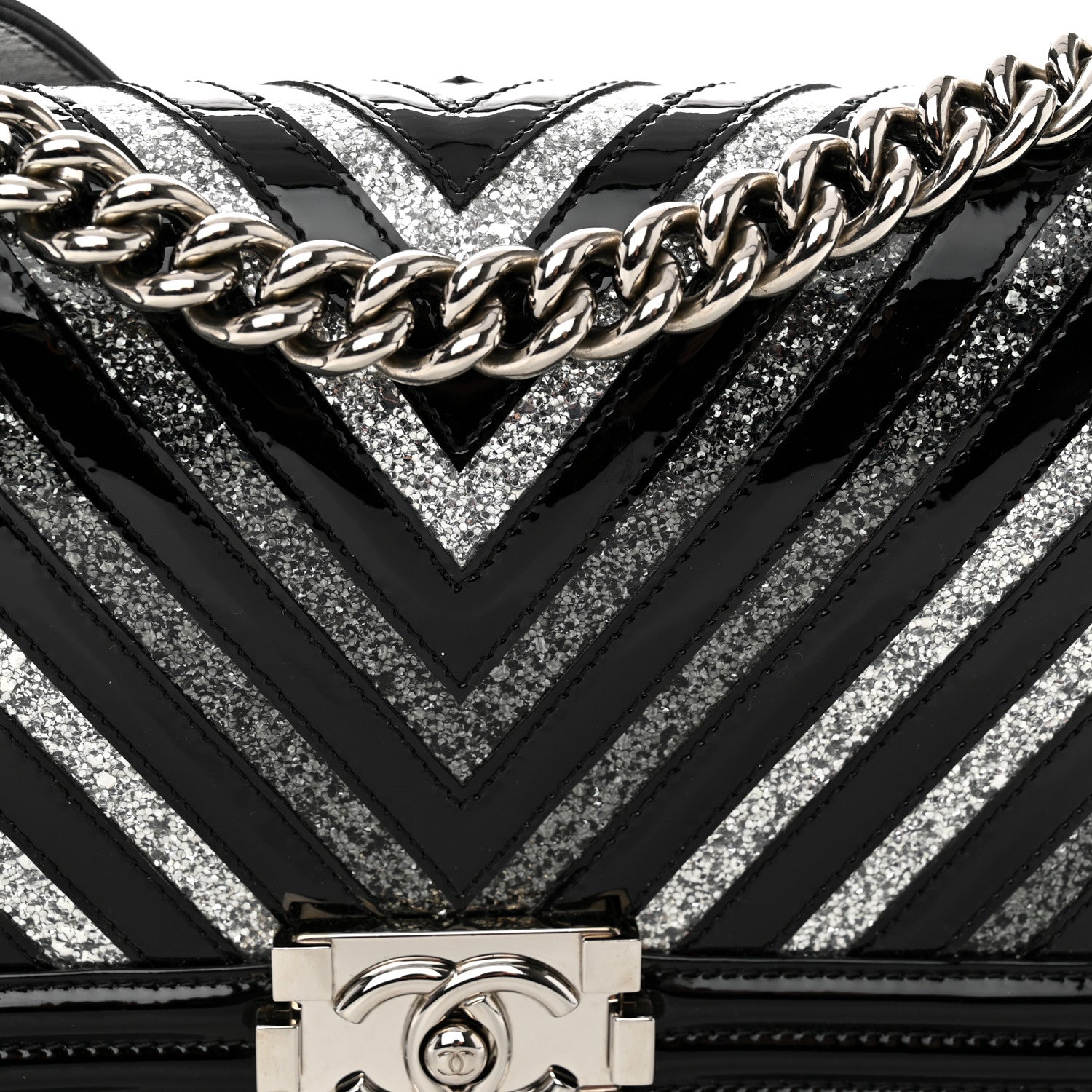 Chanel Patent Glitter PVC Chevron Quilted Medium Boy Flap Black Silver 8 of 11