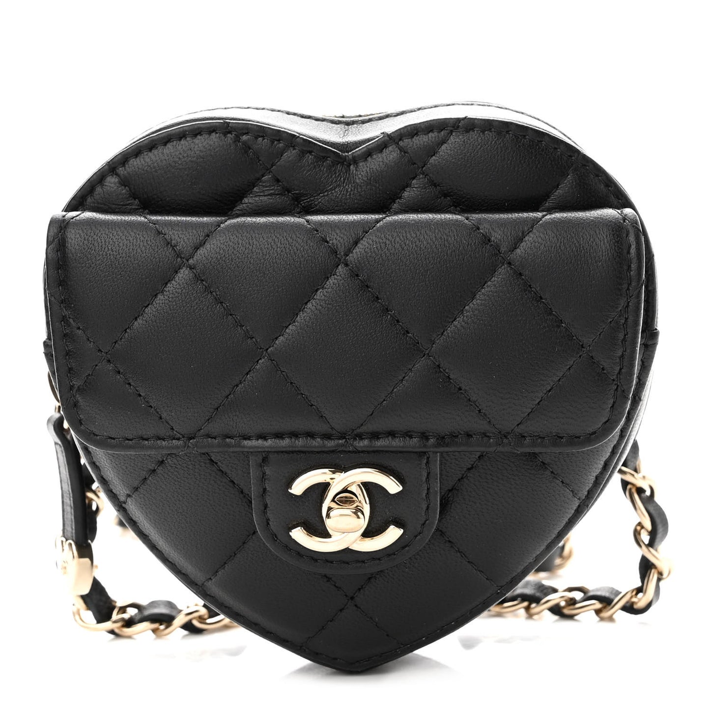 Lambskin Quilted CC In Love Heart Waist Belt Bag With Chain Black
