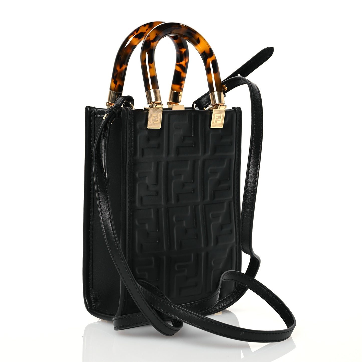 Vitello Plexiglass FF Embossed Mini Fendi Sunshine Shopper Tote Black