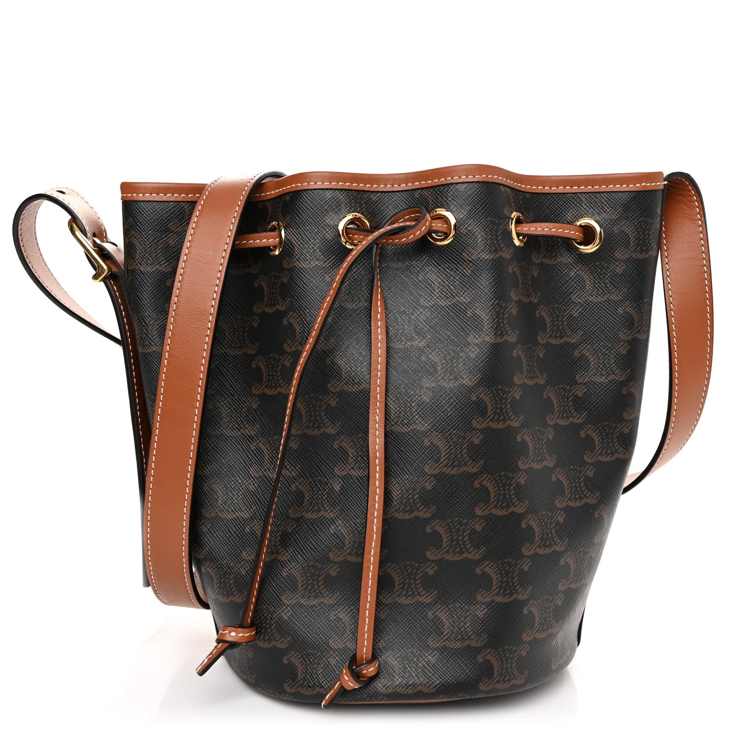 Triomphe Canvas Calfskin Small Drawstring Bucket Bag Tan