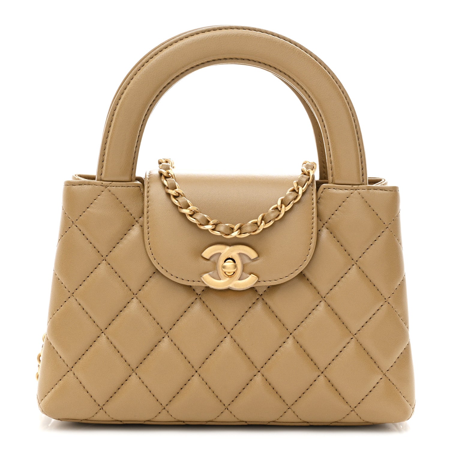 Chanel Shiny Aged Calfskin Quilted Nano Kelly Shopper Dark Beige