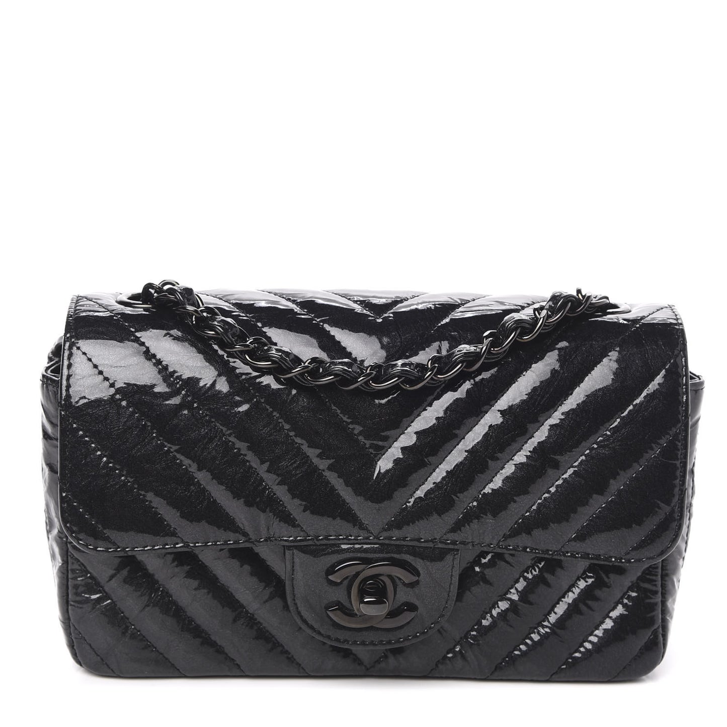 Patent Metallic Crumpled Calfskin Chevron Quilted Mini Rectangular Flap So Black