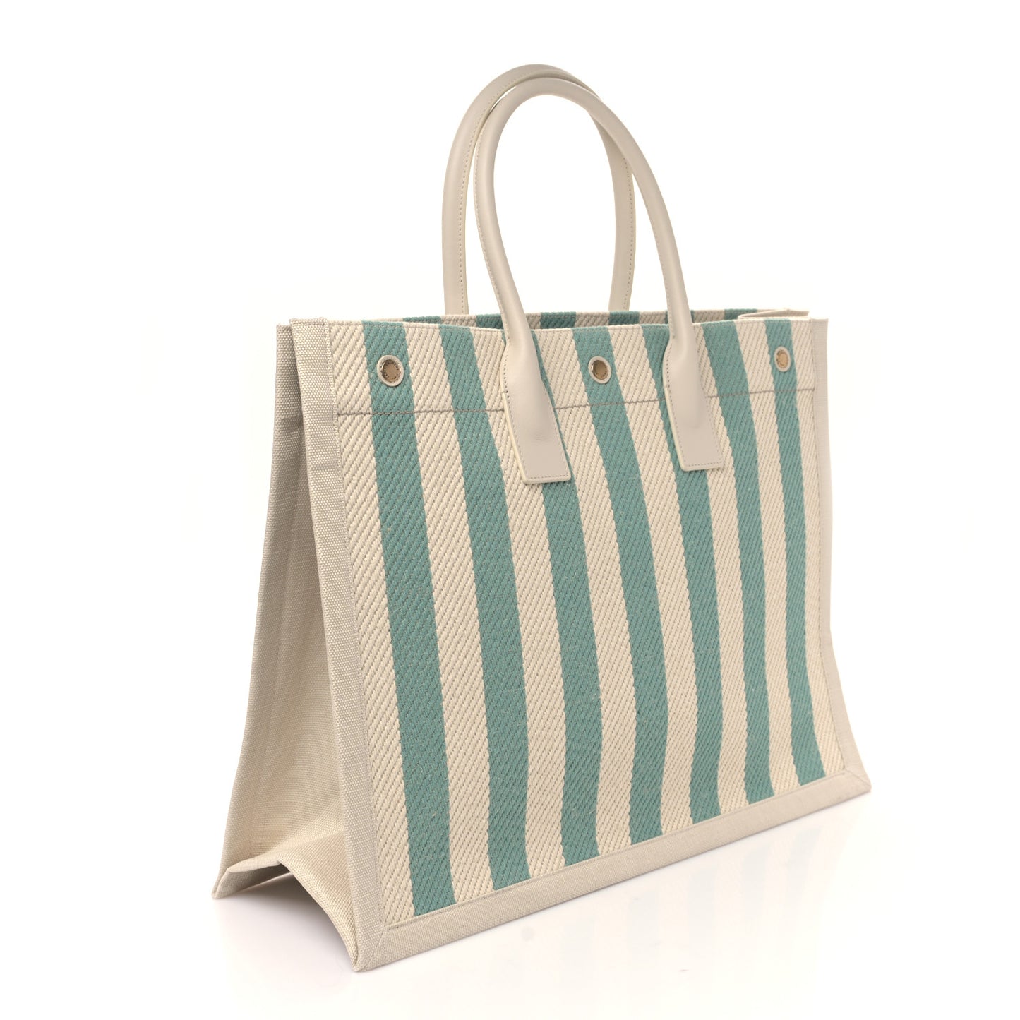 Cotton Linen Calfskin Striped Rive Gauche Tote Water Green