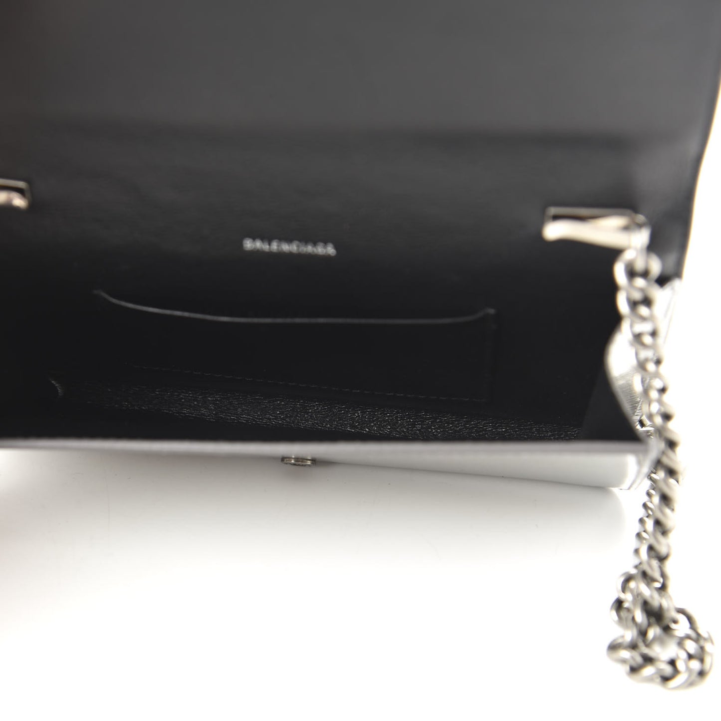 Metallic Grained Calfskin BB Phone Holder Wallet On Chain Silver
