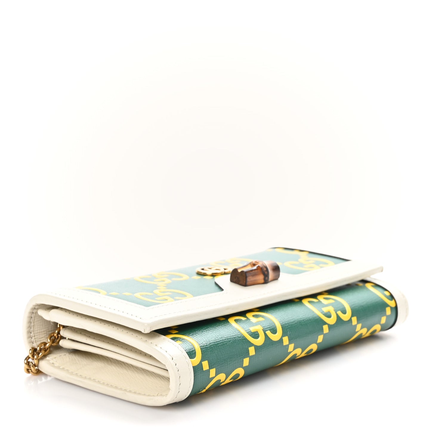 Azalea Calfskin GG Monogram Bi-Color Debossed Diana Chain Wallet Emerald Stone Topaz Mystic White