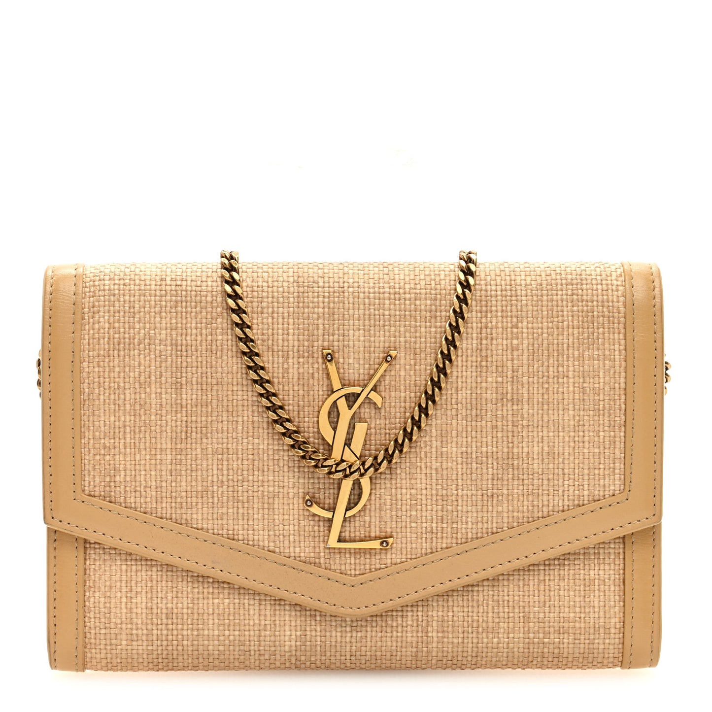 Micro Raffia Monogram Uptown Chain Wallet Natural Hay Blush