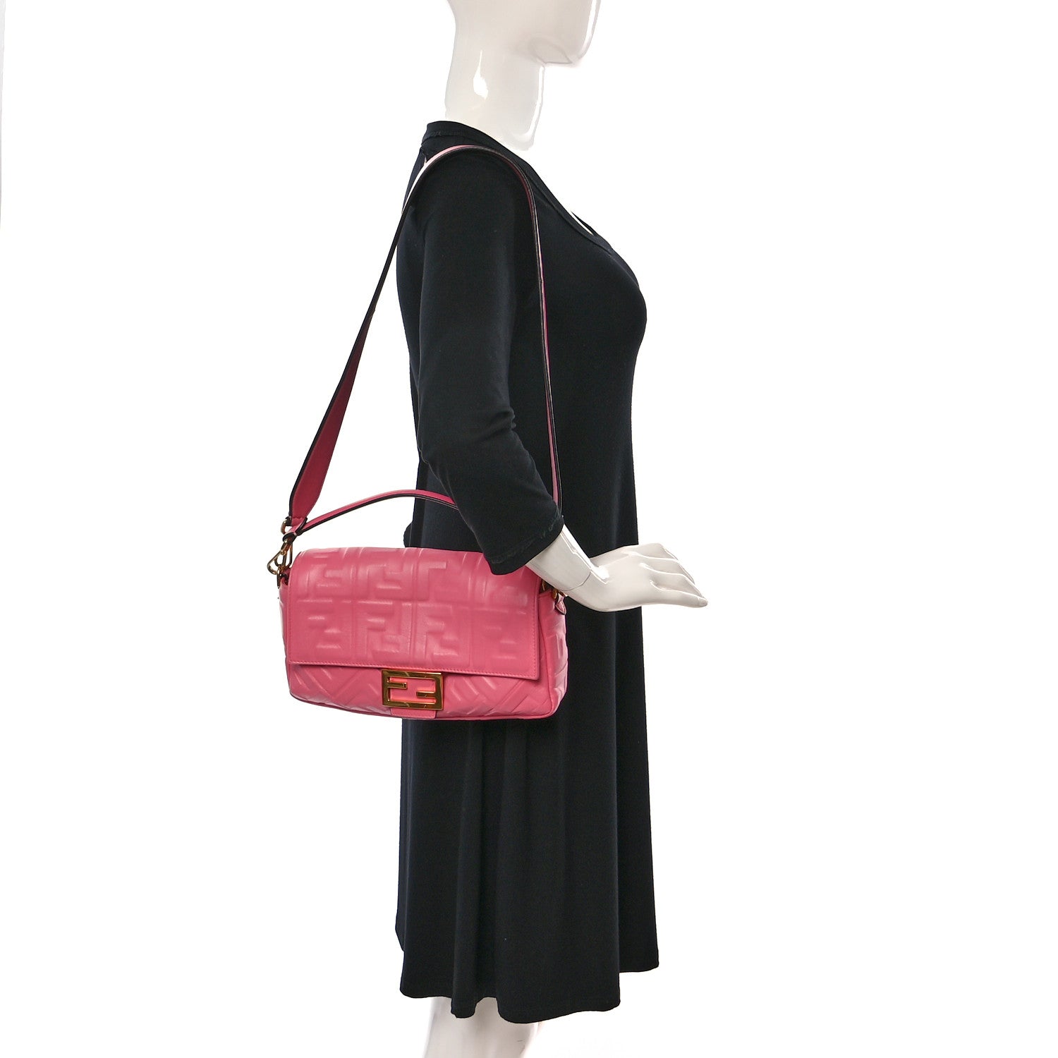 Fendi Nappa FF 1974 Embossed Baguette Rosa Fluo 2 of 8