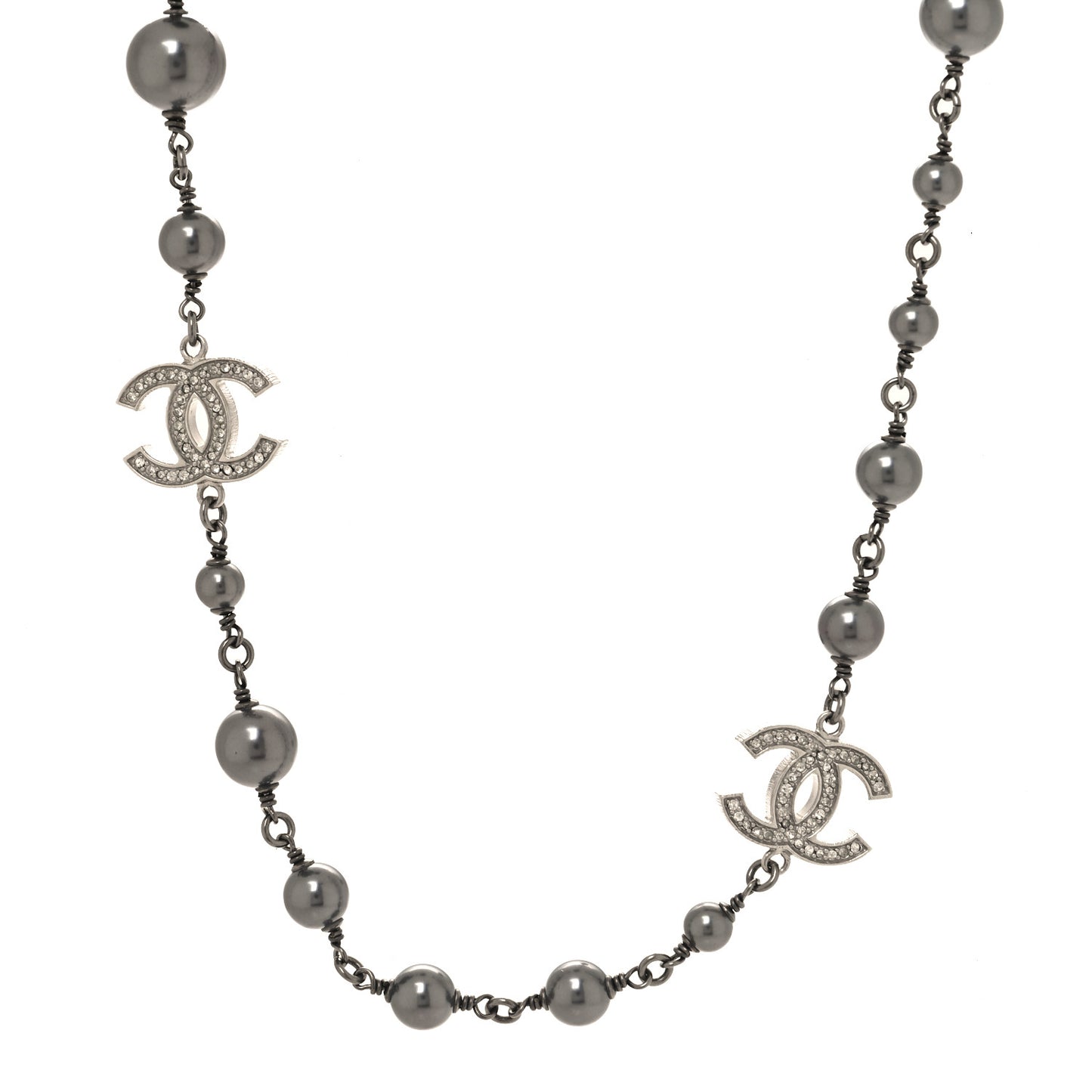 Pearl Crystal Bead CC Necklace Ruthenium