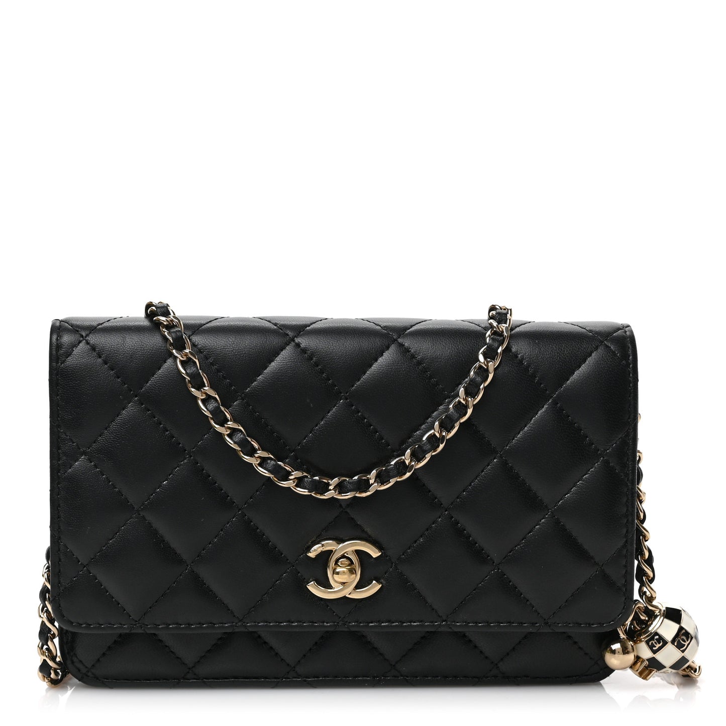 Lambskin Enamel Quilted Pearl Crush Wallet On Chain WOC Black