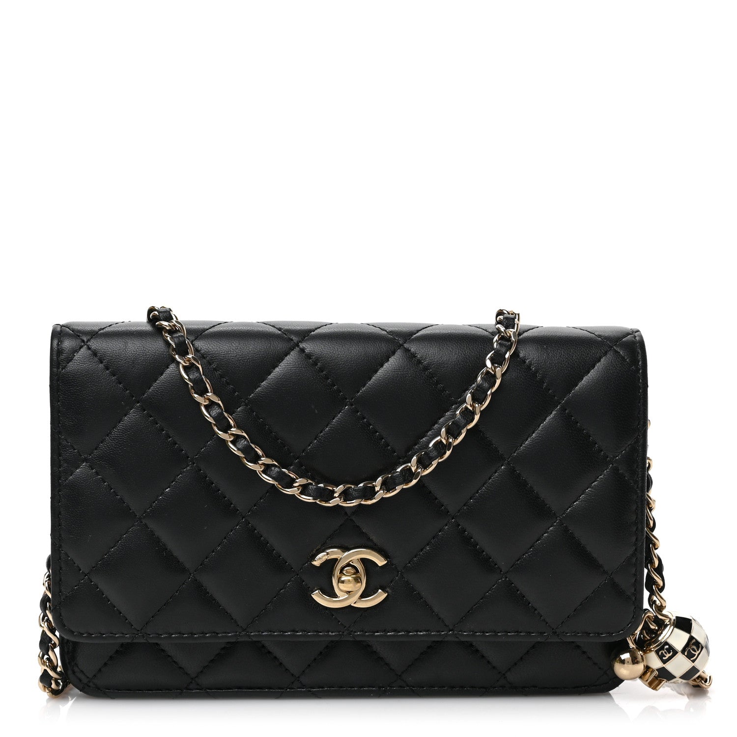 Chanel Lambskin Enamel Quilted Pearl Crush Wallet On Chain WOC Black 1 of 9
