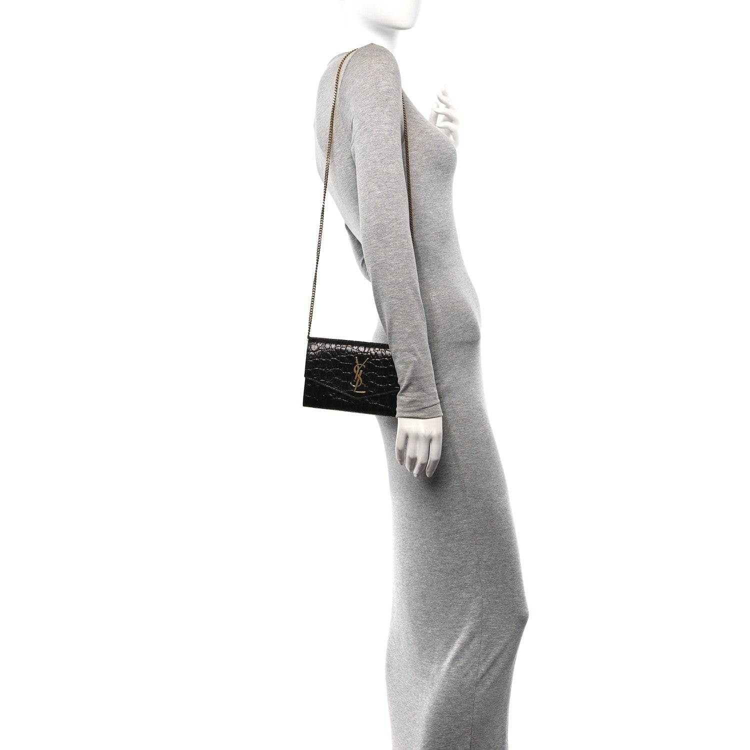 Saint Laurent Calfskin Crocodile Embossed Monogram Uptown Chain Wallet Fondente 2 of 11