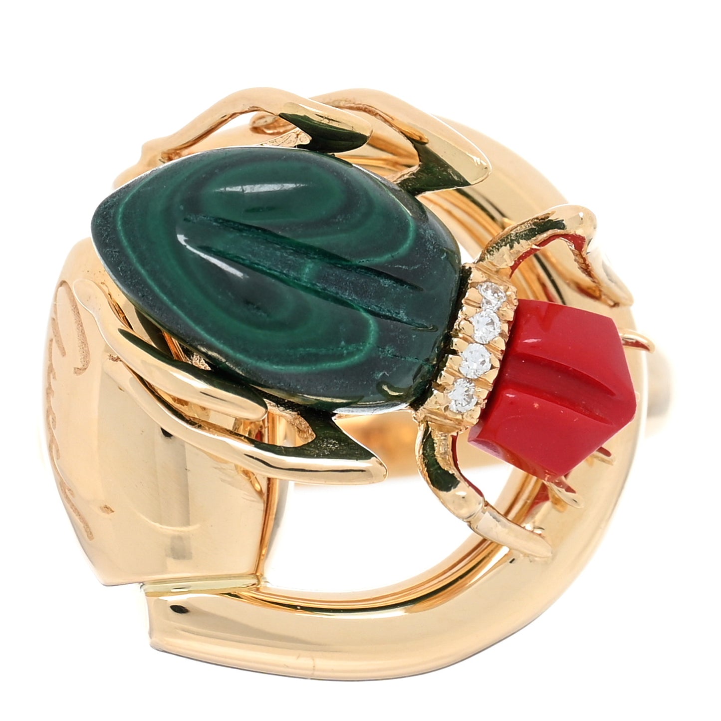 8K Yellow Gold Diamond Malachite Coral Flora Scarab Ring 53 6.25