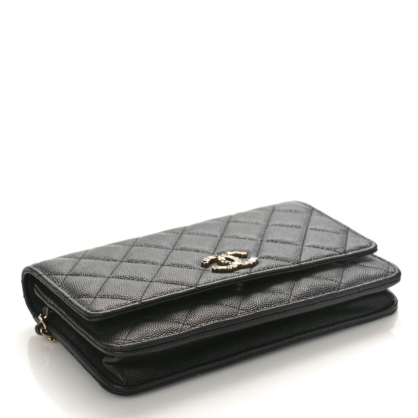 Shiny Caviar Quilted Enamel CC Wallet On Chain WOC Black