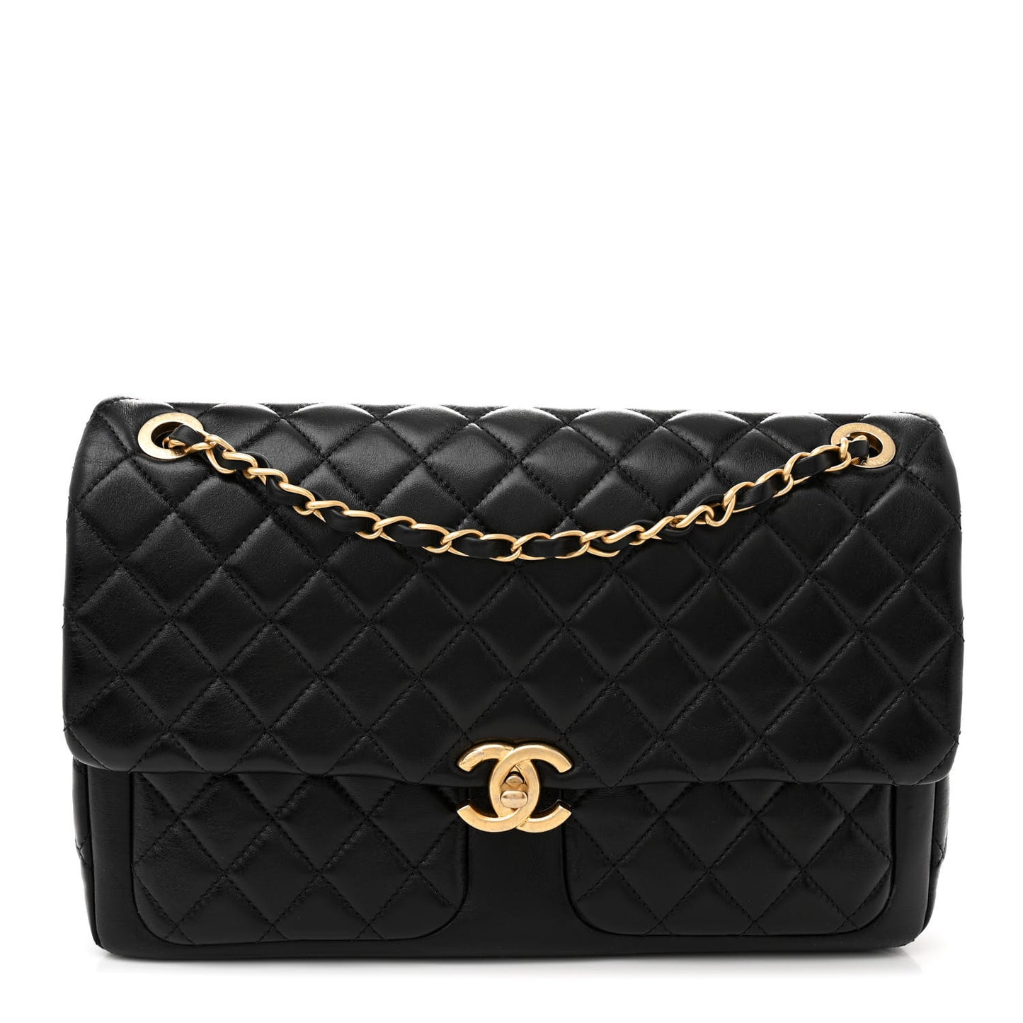 Shiny Lambskin Quilted Daily Friend Flap Black