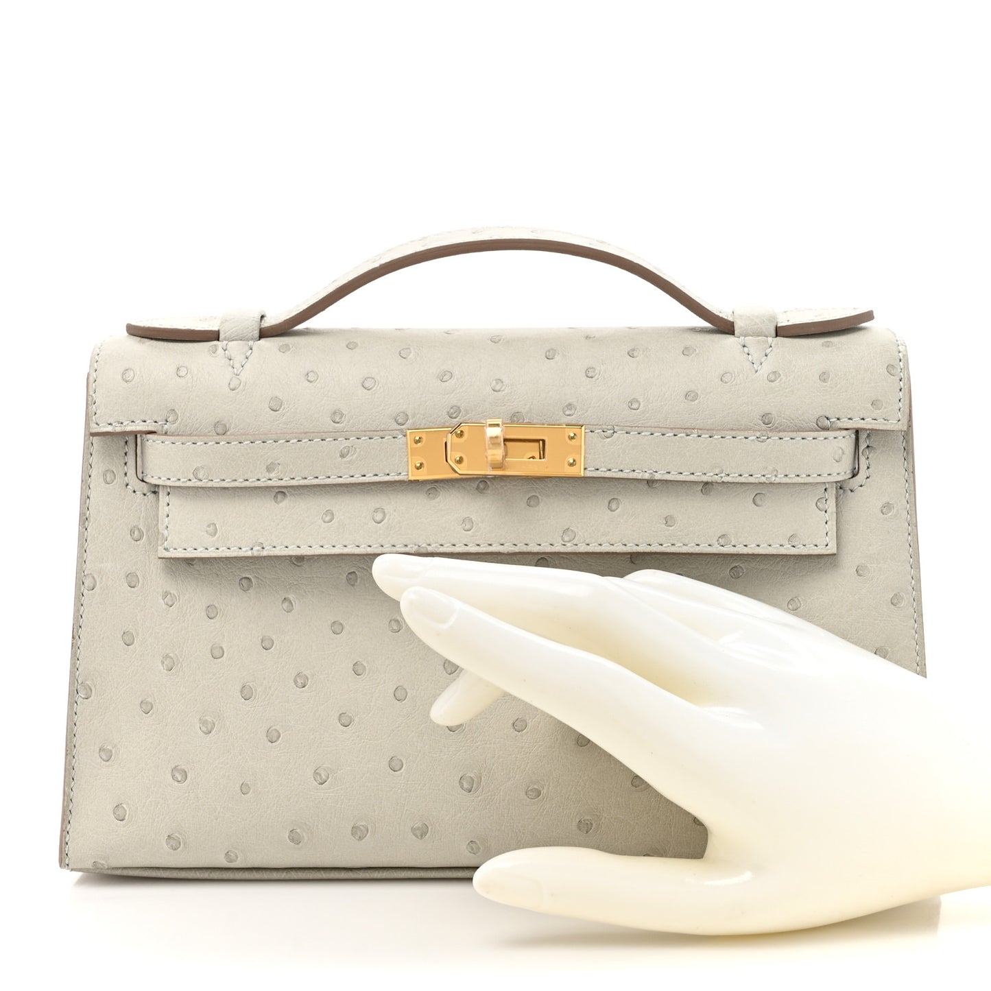 Ostrich Kelly Pochette Clutch Gris Perle