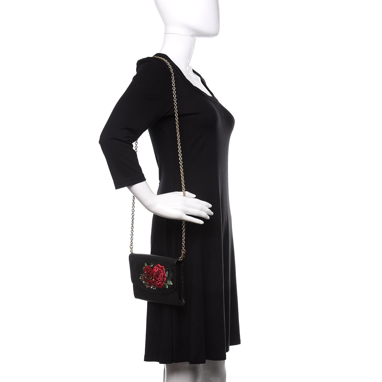 Dolce & Gabbana Dauphine Stampa Crystal Small Roses Wallet On Chain Black 2 of 9