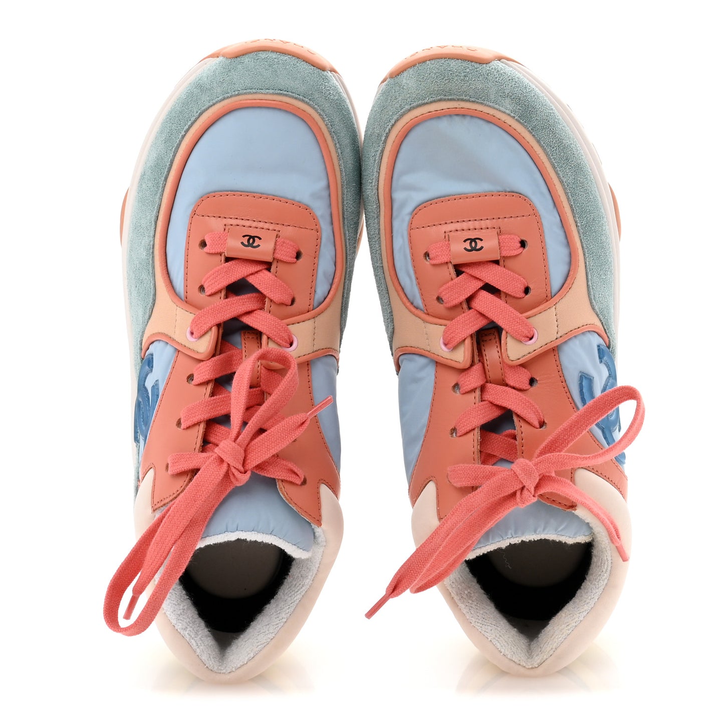 Nylon Lambskin Suede Calfskin CC Sneakers 38.5 Coral Light Blue White