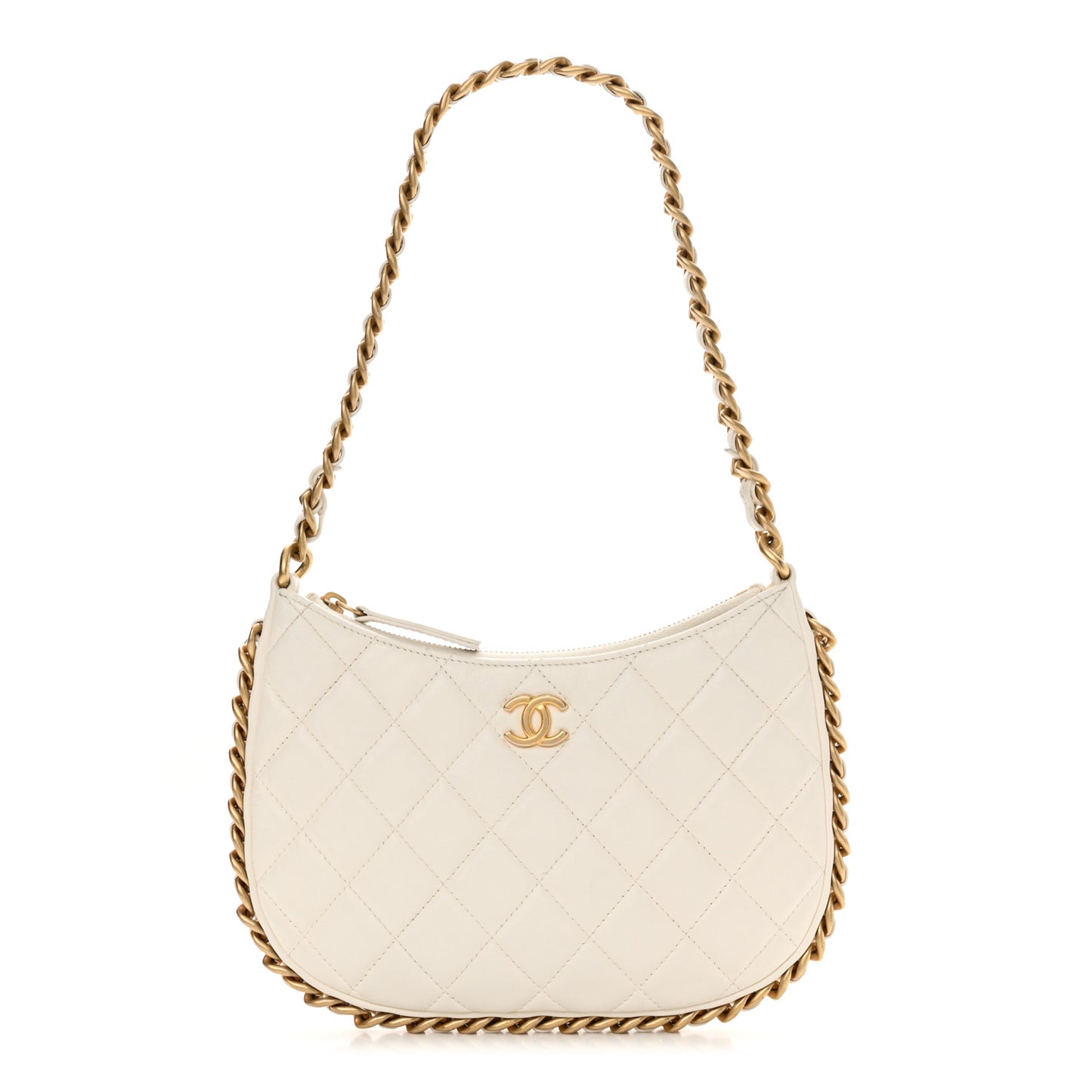 Shiny Crumpled Lambskin Quilted Trendy Chain Around Hobo White
