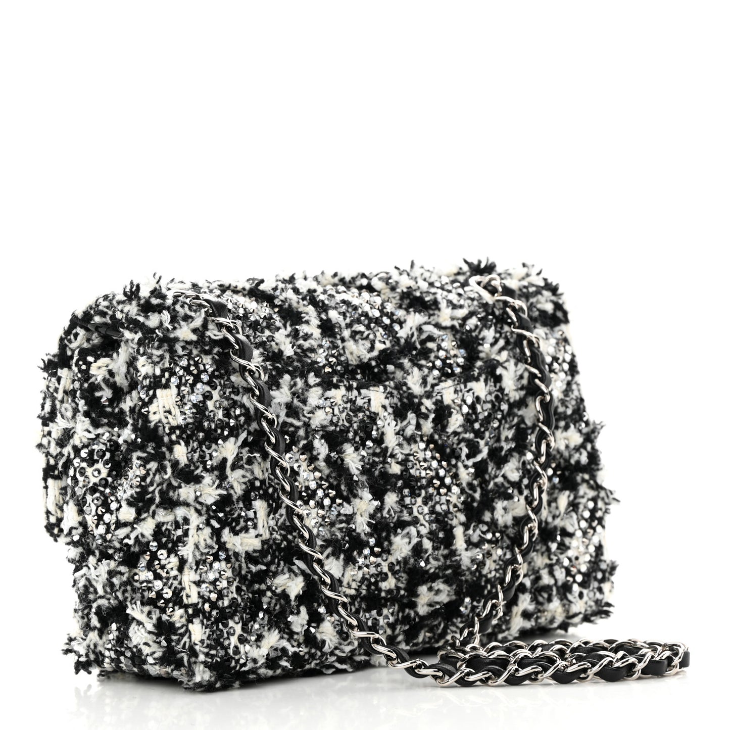 Crystal Tweed Quilted Medium Double Flap Black Ecru White