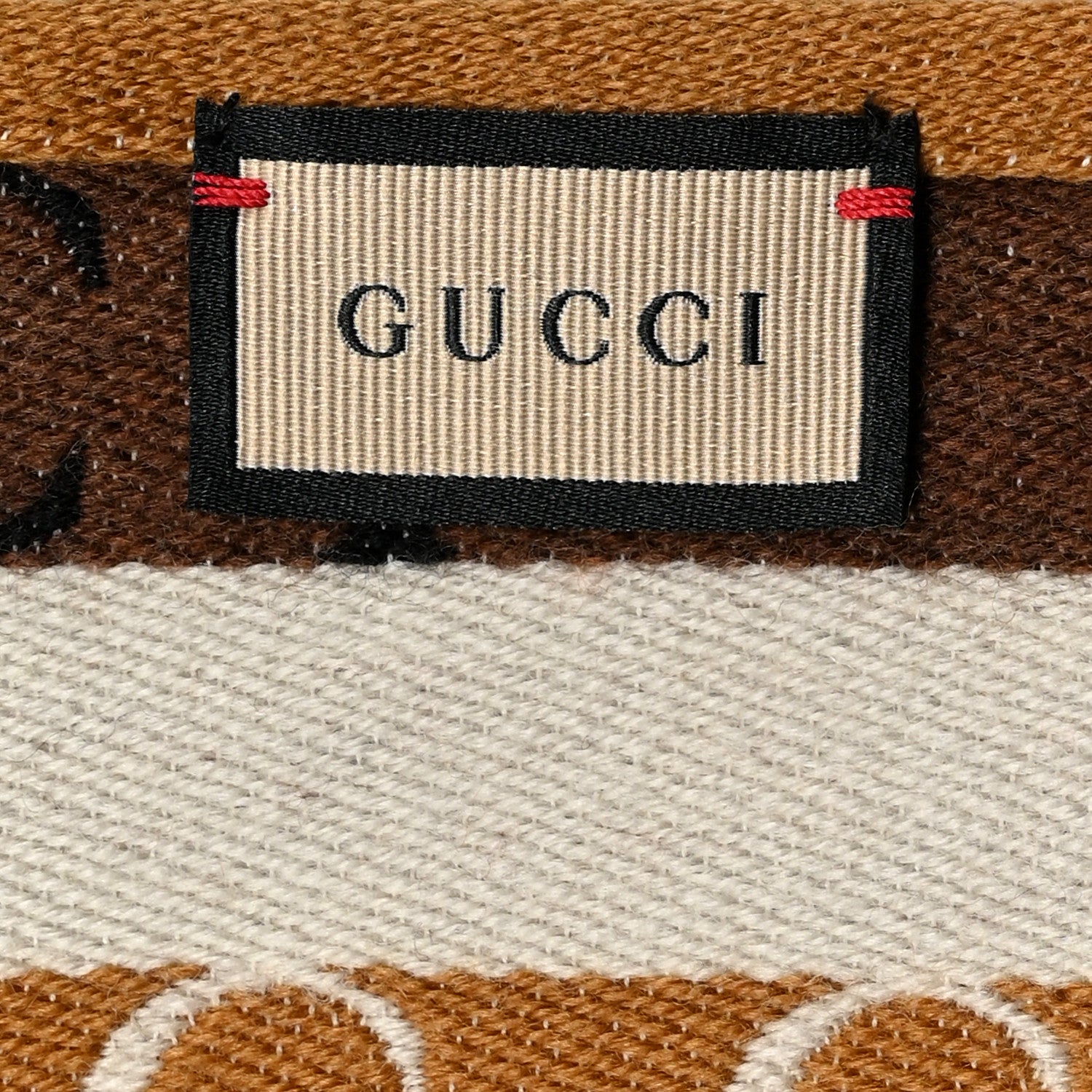 Gucci Wool Cotton Logo Wood Stripes Scarf Light Brown Dark Brown 3 of 4