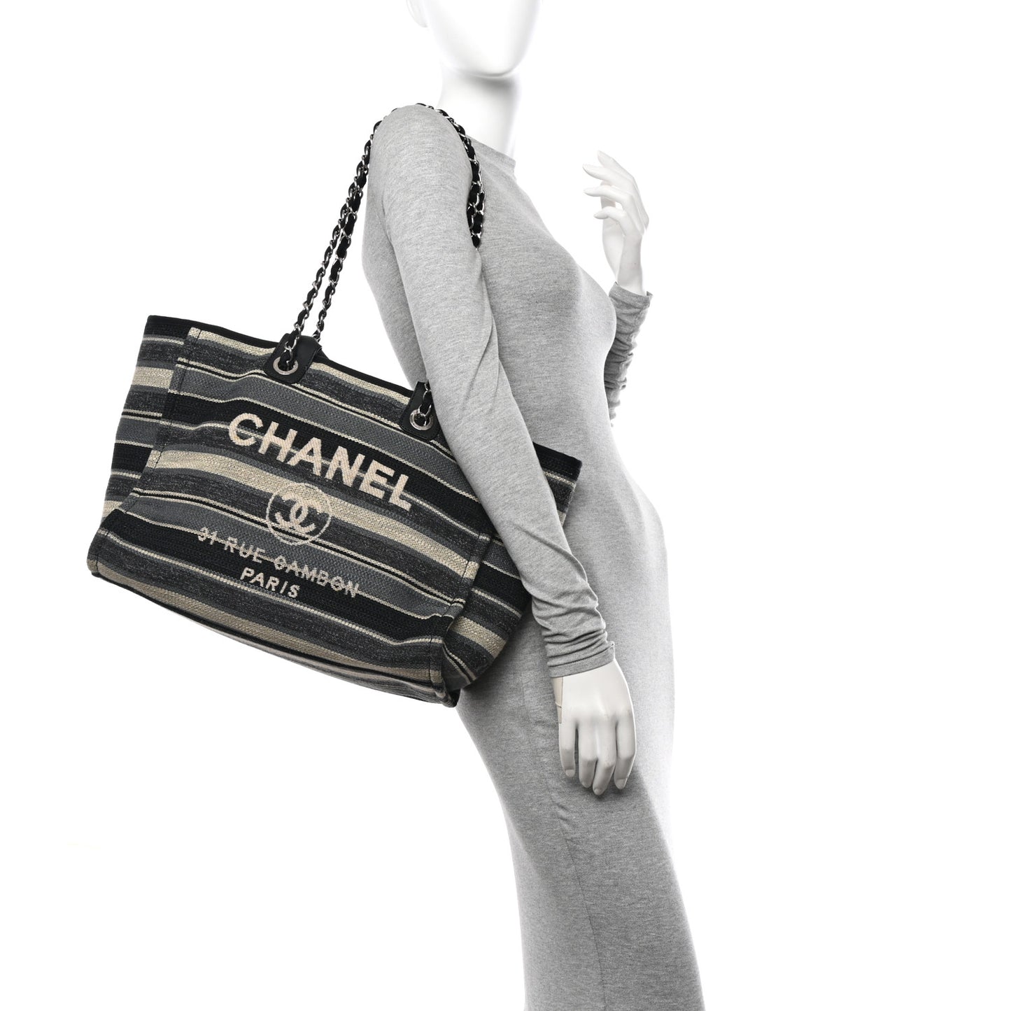 Striped Canvas Medium Deauville Tote Black