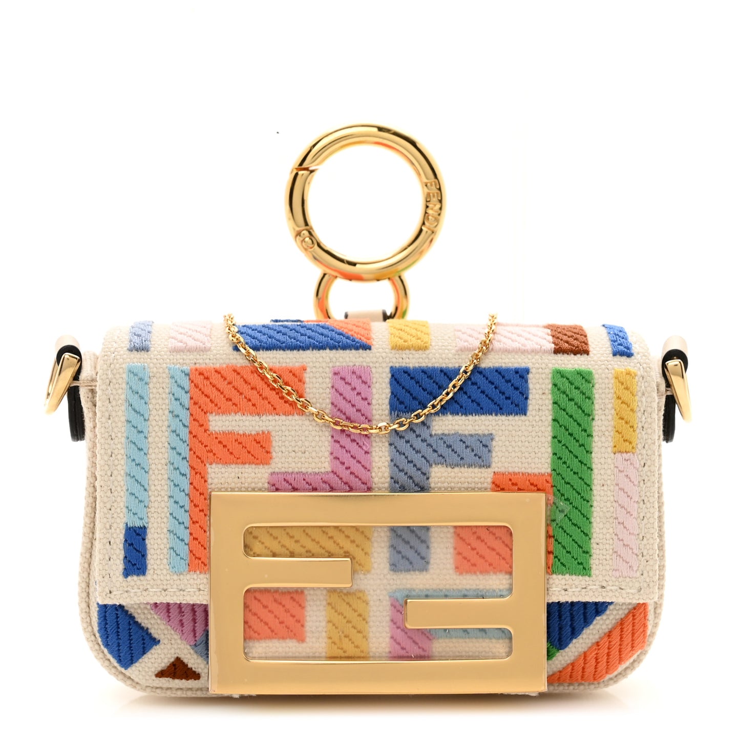 Canvas Nappa FF Multicolor Embroidered Nano Maxi Buckle Baguette Charm Grezzo Multicolor