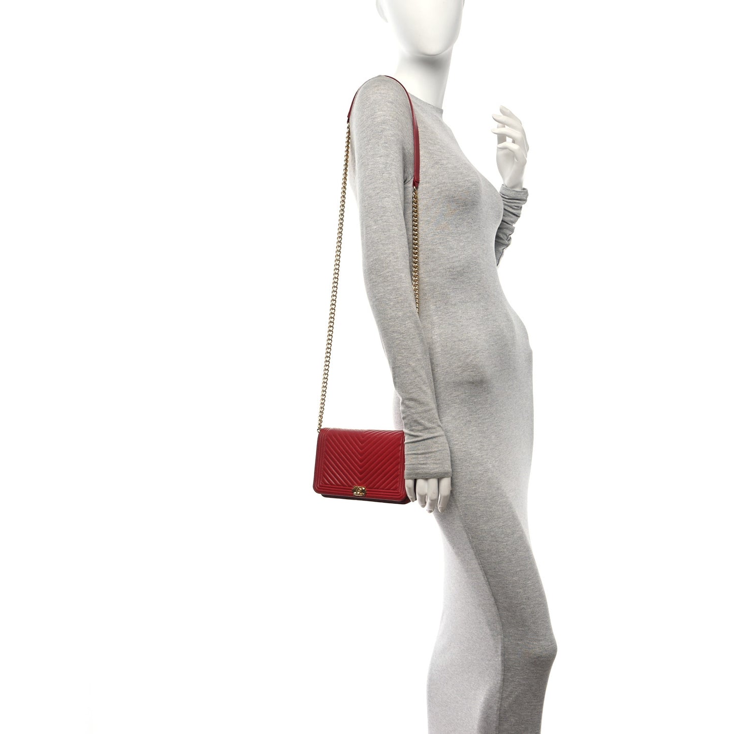 Lambskin Chevron Quilted Boy Wallet On Chain WOC Red