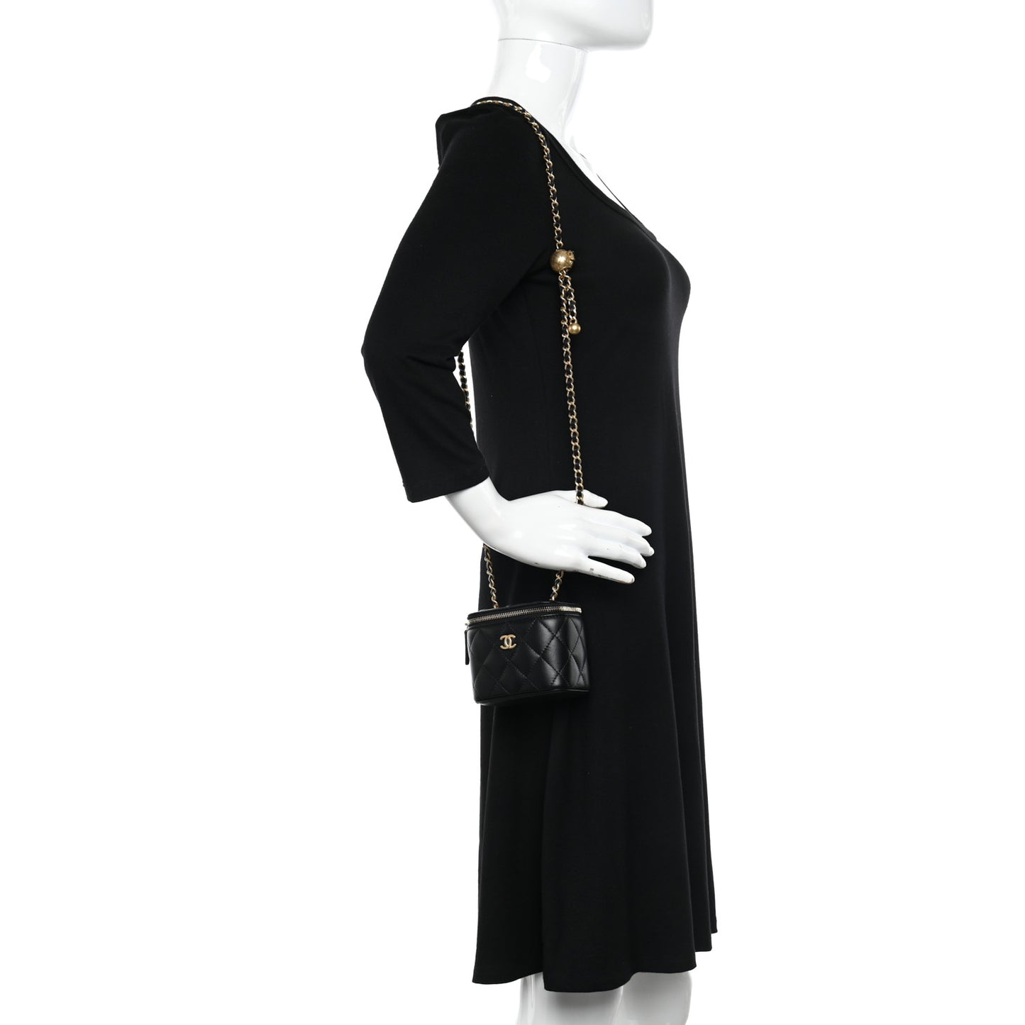 Lambskin Quilted Mini Pearl Crush Vanity Case With Chain Black