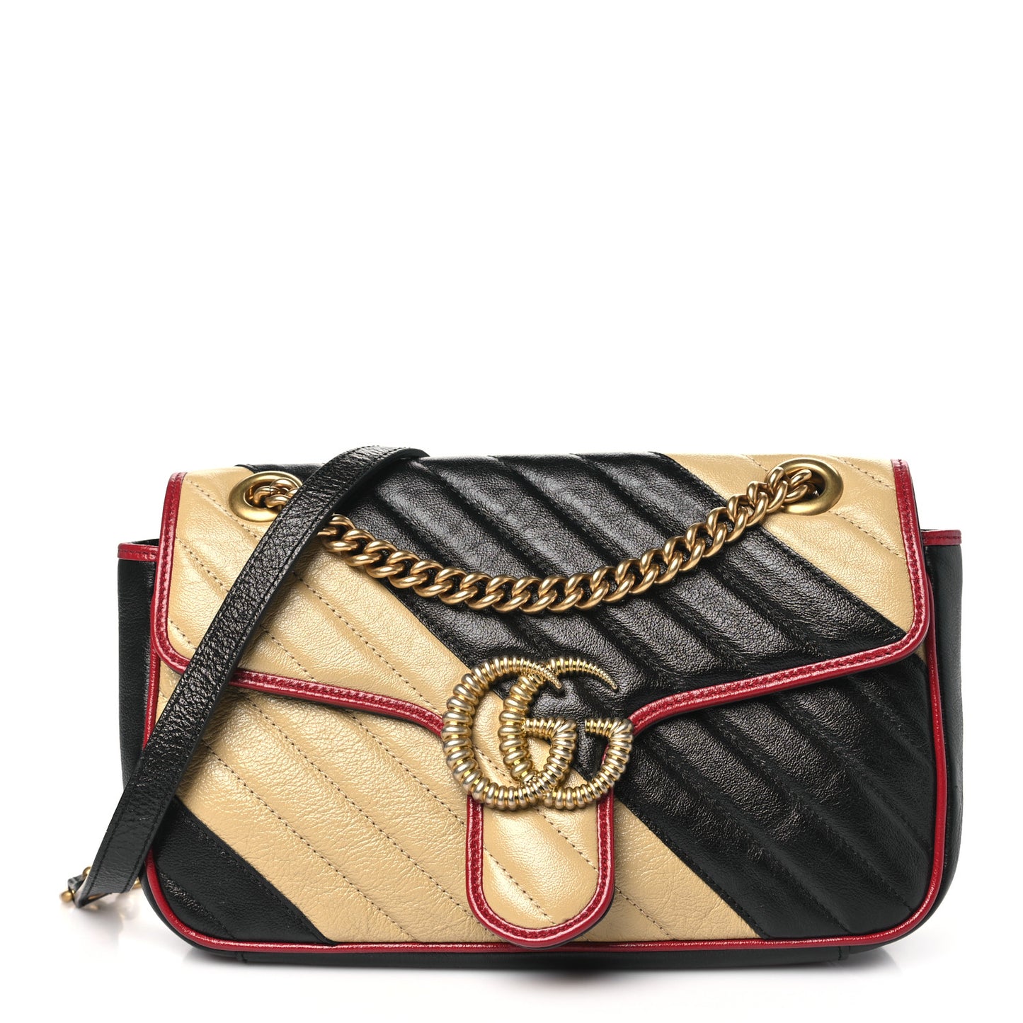 Vintage Effect Calfskin Matelasse Diagonal Striped Small Torchon GG Marmont Shoulder Bag Black Beige