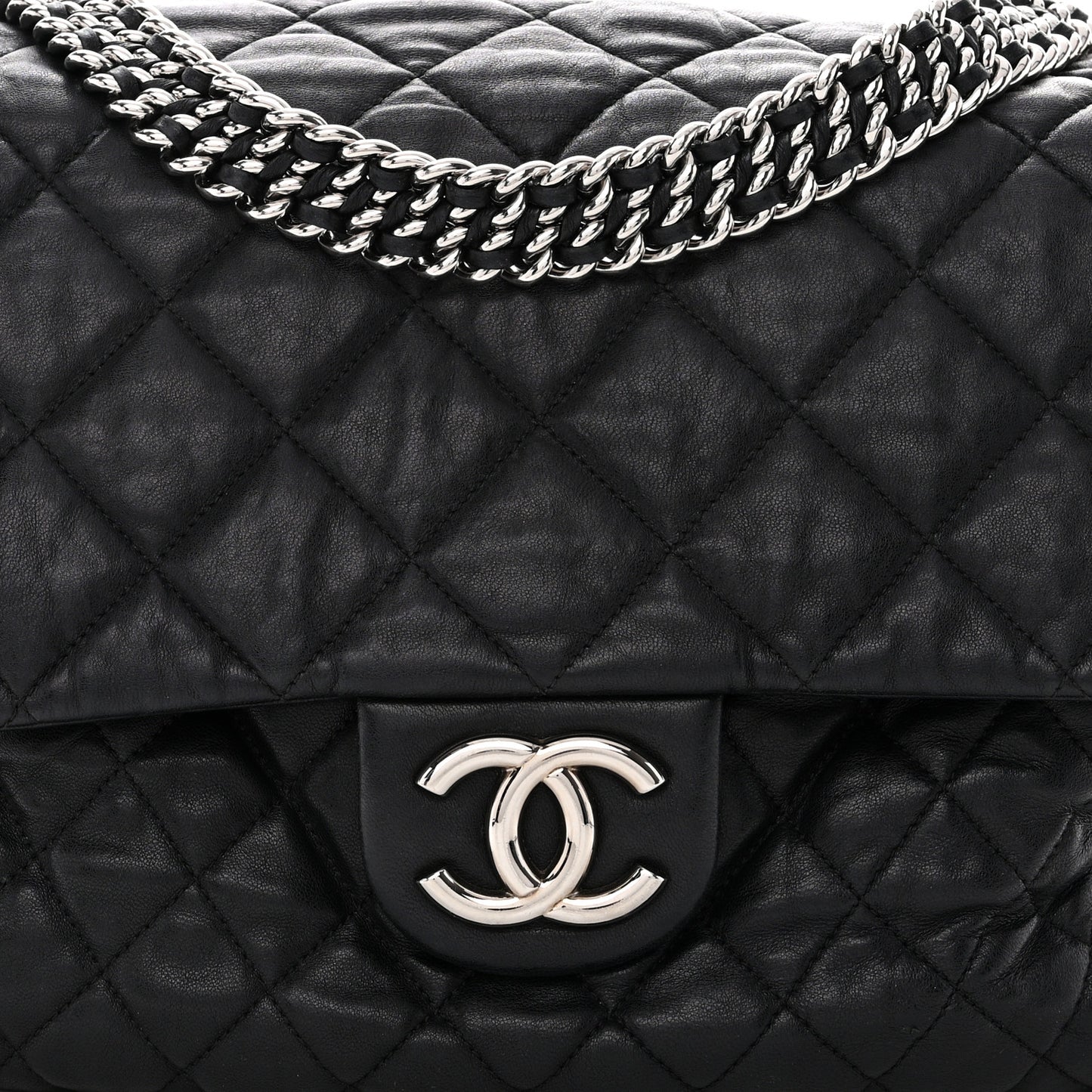 Washed Lambskin Quilted Maxi Chain Around Flap Black