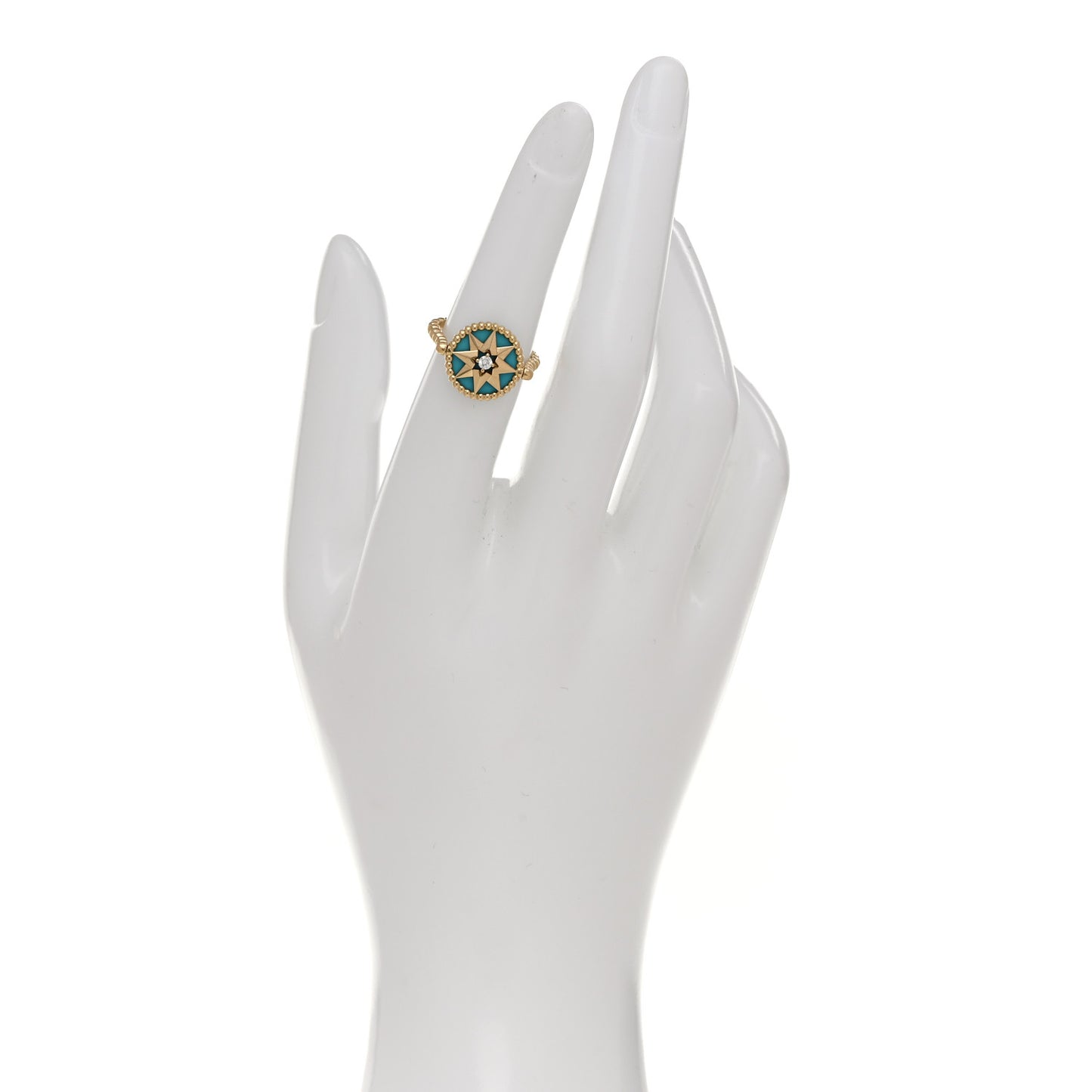 18K Yellow Gold Diamond Turquoise Rose Des Vents Ring 50 5.25